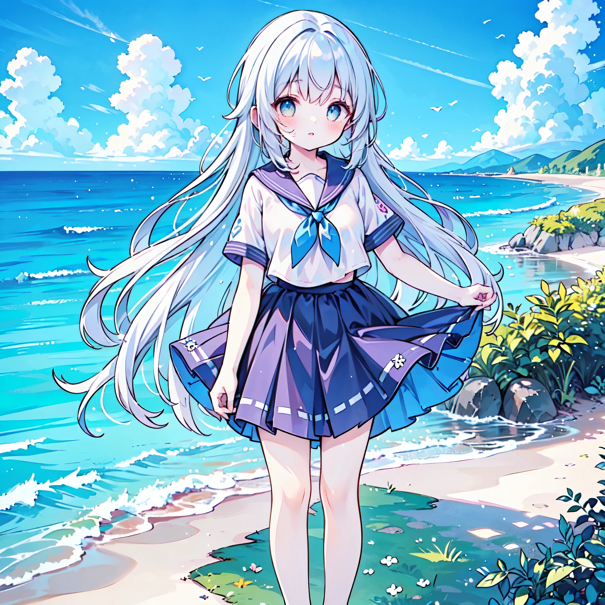 ((( more details, highly detailed CG, masterpiece, High Quality , 4K, high resolution, sharp focus by G , Take a commemorative photo on a sandy beach with the calm and beautiful sea in the background, anime style illustration near the sparkling ocean , tea hair))),(Alone:2.5), cute, Smiling Brightly , light blue eyes,(A girl is standing on the beach:1.4),Navy and white sailor suit,(Short sleeve:2),( dark blue skirts ),( slightly bulging breasts:1.2), Clear Skin, Fluttering Skirt , barefoot,((long hair)),Neat hair,Gentle Breeze, White Clouds ,blue sky,Watching viewers, is shy, dynamic ,(Medium height:1.5),
