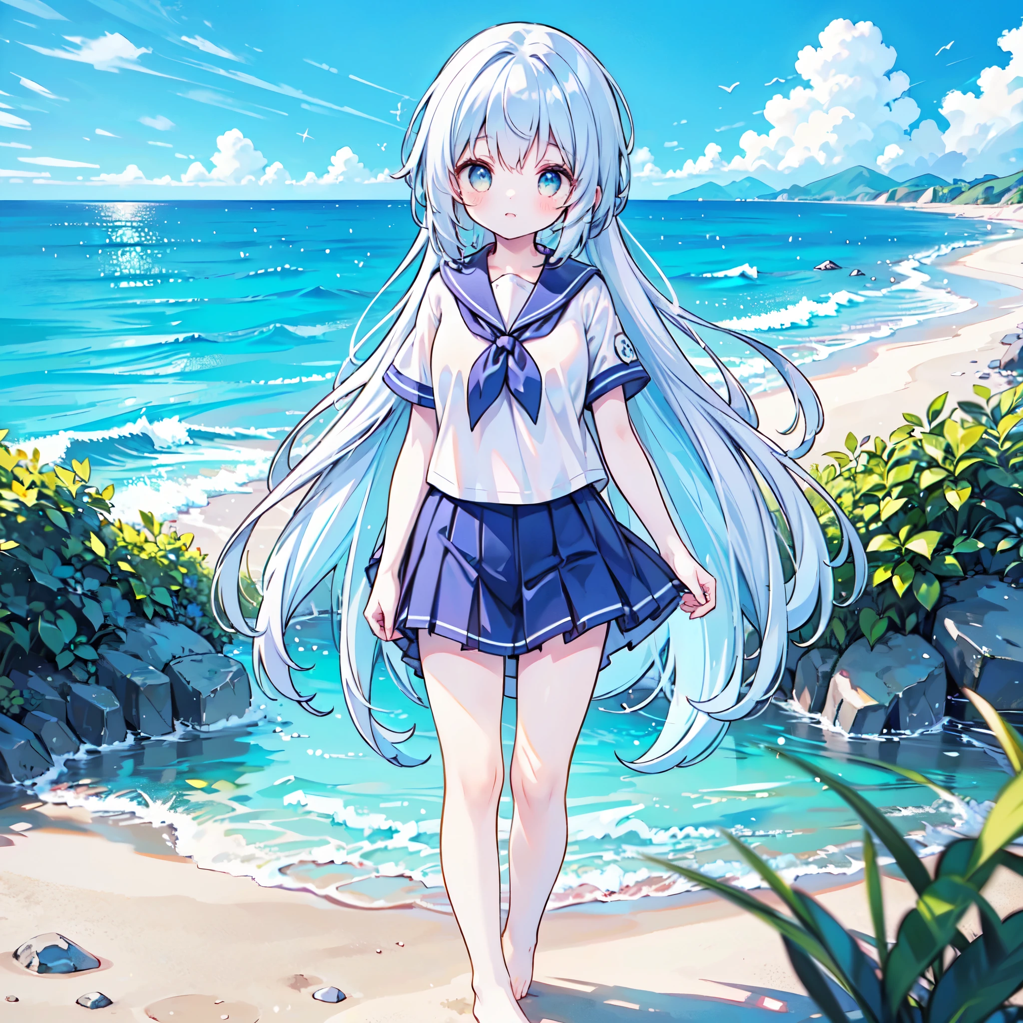 ((( more details,  highly detailed CG, masterpiece,  High Quality , 4K,  high resolution, sharp focus by G , Take a commemorative photo on a sandy beach with the calm and beautiful sea in the background, anime style illustration near the sparkling ocean , tea hair))),(Alone:2.5), cute, Smiling Brightly , light blue eyes,(A girl is standing on the beach:1.4),Navy blue and white sailor suit,(Short sleeve:2),( dark blue skirts ),( slightly bulging breasts:1.2), Clear Skin, Fluttering Skirt , barefoot,((long hair)),Neat hair,Gentle Breeze, White Clouds ,blue sky,Watching viewers, is shy, dynamic ,(Medium height:1.5),