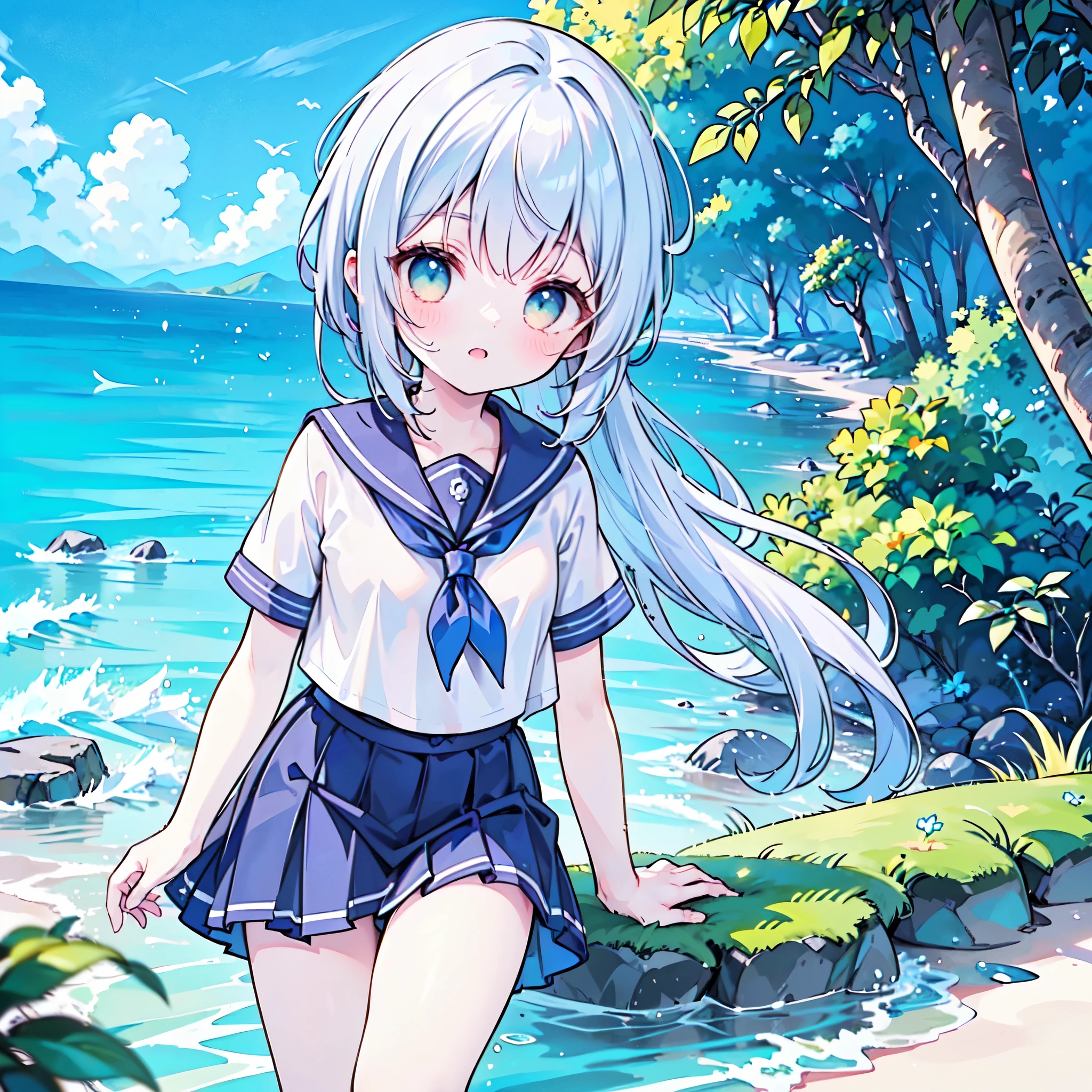 ((( more details,  highly detailed CG, masterpiece,  High Quality , 4K,  high resolution, sharp focus by G , Take a commemorative photo on a sandy beach with the calm and beautiful sea in the background, anime style illustration near the sparkling ocean , tea hair))),(Alone:2.5), cute, Smiling Brightly , light blue eyes,(A girl is standing on the beach:1.4),Navy blue and white sailor suit,(Short sleeve:2),( dark blue skirts ),( slightly bulging breasts:1.2), Clear Skin, Fluttering Skirt , barefoot,((long hair)),Neat hair,Gentle Breeze, White Clouds ,blue sky,Watching viewers, is shy, dynamic ,(Medium height:1.5),