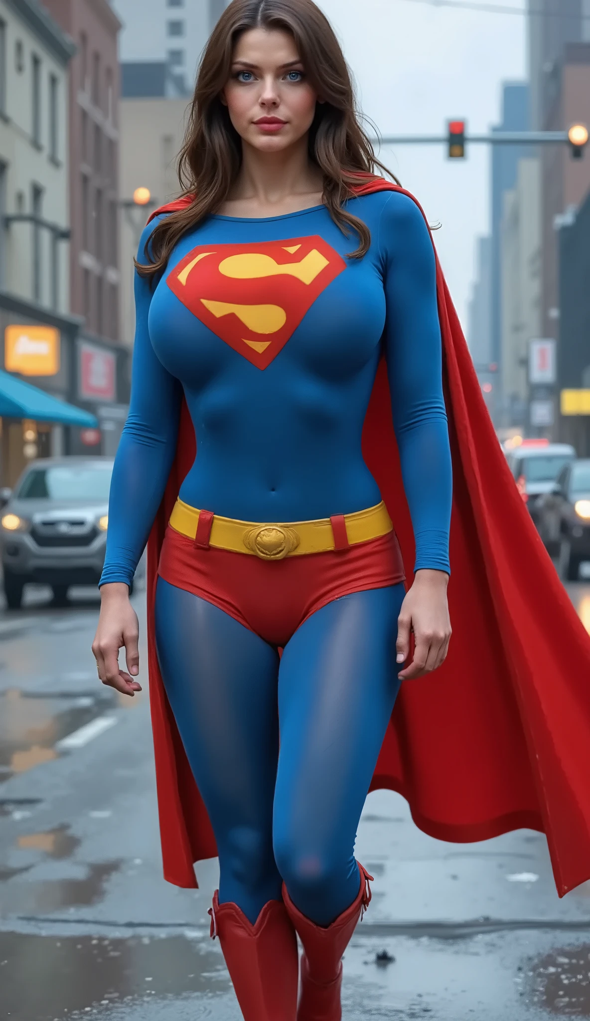 (PHOTO REALISTIC) A SEXY KRYPTONIAN BRUNETTE AS SUPERMAN RE INCARNATED SAVING THE DAY. SO SEXY, SO SMART, SO CUTE AS SHE TRANSFORMS INTO SUPERMAN. HER LARGE BREASTS STRaining the fabric. WEARING A THICK SPANDEX 1980 FULL BODY SUPERMAN SUIT AND A VERY LONG FLOWING RED CAPE. SHE IS SUPERMAN INCARNATE. 4K CRYSTAL CLEAR IMAGE, 360 view, 135mm, Canon, 4K, 8k, 16k PRETTY BLUE EYES. SOAKING WET FROM THE RAIN.