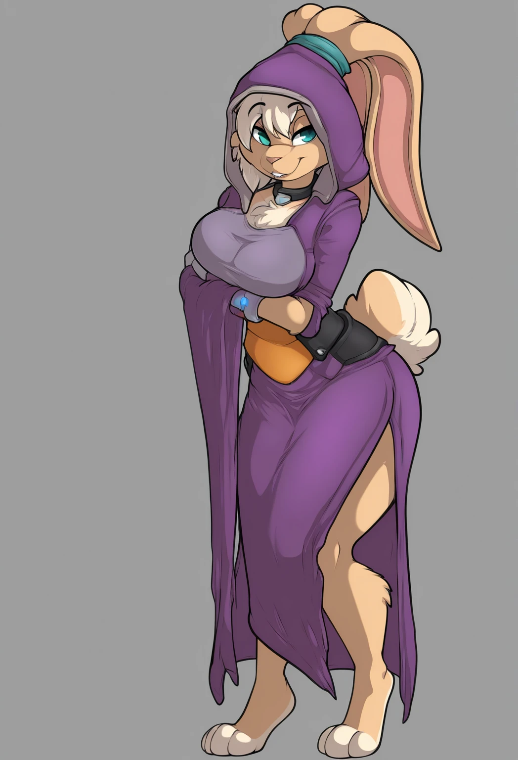 score_9, score_8_up, score_7_up, score_6_up, score_5_up, score_4_up, source_furry, kemono style, Anthro girl, raven teen titans, short purple hair, she is an Anthro white rabbit girl, long white rabbit ears, furry white bunny girl, bunny snout, pink bunny nose, forehead jewel, (furry white furred body, fluffy body):2, naked, wearing only blue hooded cloak, on her knees, covering her breasts, on the floor, simple background