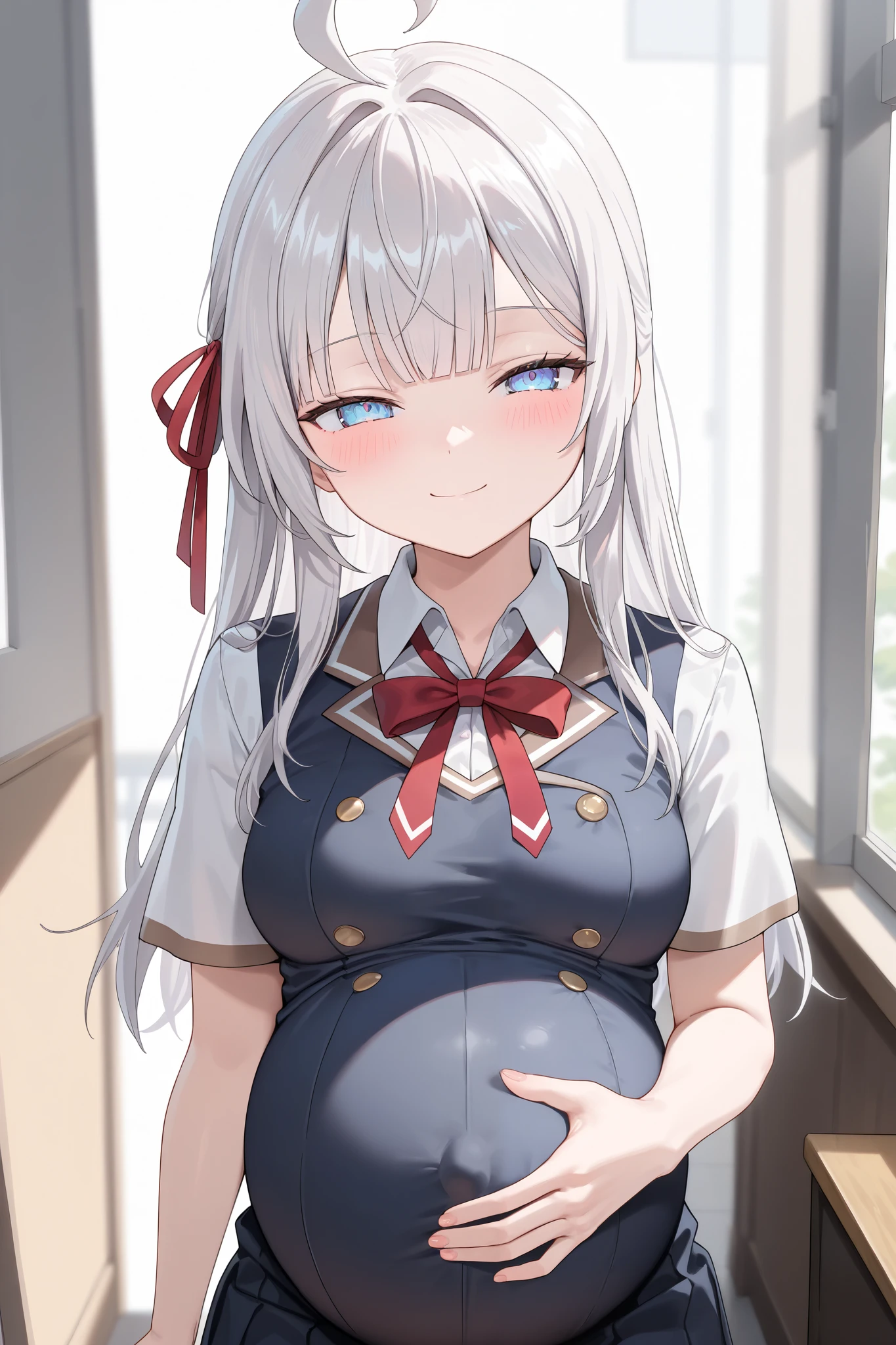 (Best quality, 4k, 8k, high resolution, masterpiece:1.2), ultra detailed, intricate details,SOLO,beautiful girl, alone, school uniform, middle hair, silver hair, blunt bangs,almond-shaped eyes, small-medium breasts,red ribbon tie, blush, perfect smooth skin, looking at viewer, half closed eyes,head tilted, (Pregnant:1.0), Alisa Mikhailovna Kujou, Roshiderr, smile slightly