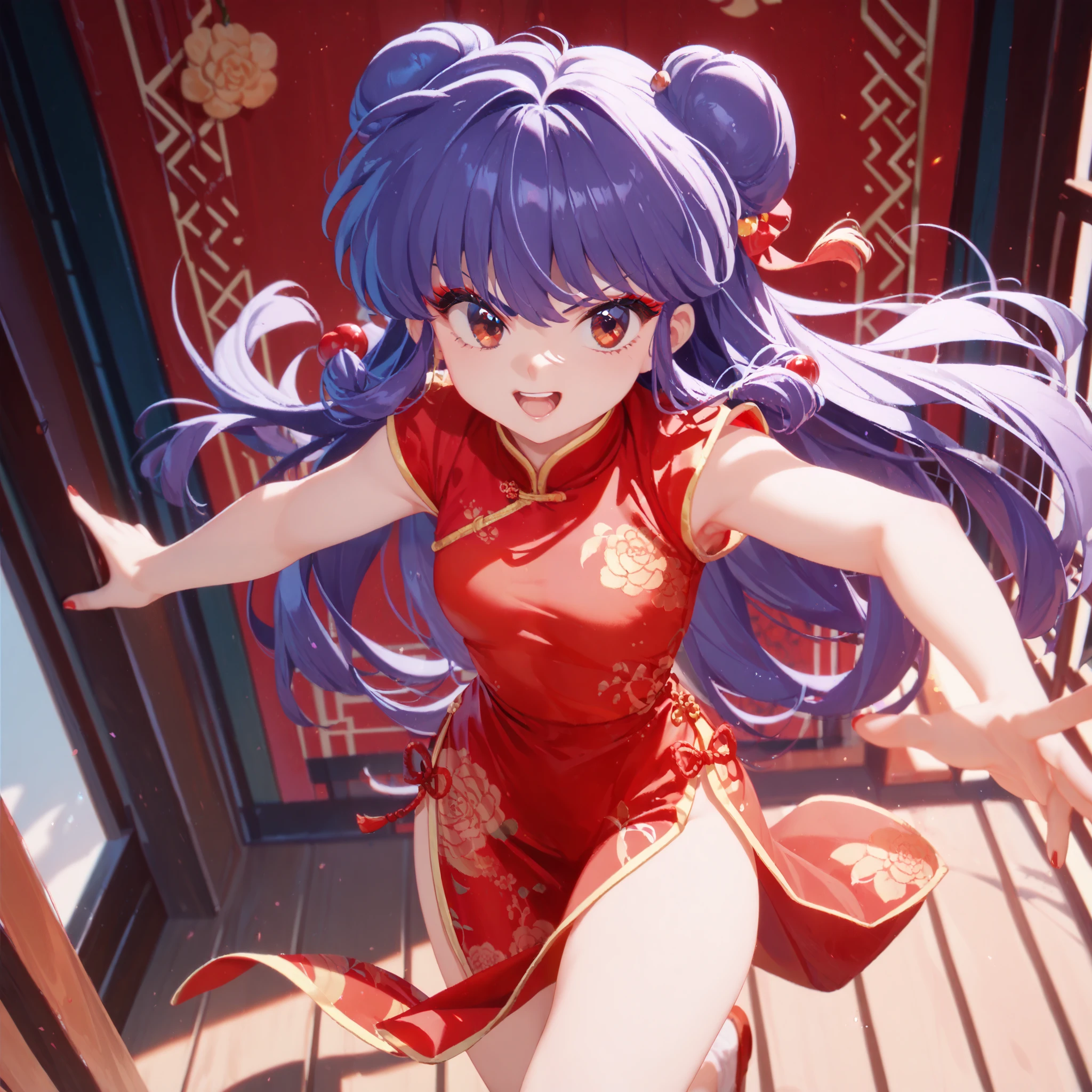 Masterpiece, best quality , perfect face , highest resolution, best quality , eyes, 8k, 1 girl, shampoo (Ranma 1/2), young, red eyes, long hair, purple hair, Detailed depiction of bun knot hair , Red eyeshadow, China Dress , fighting