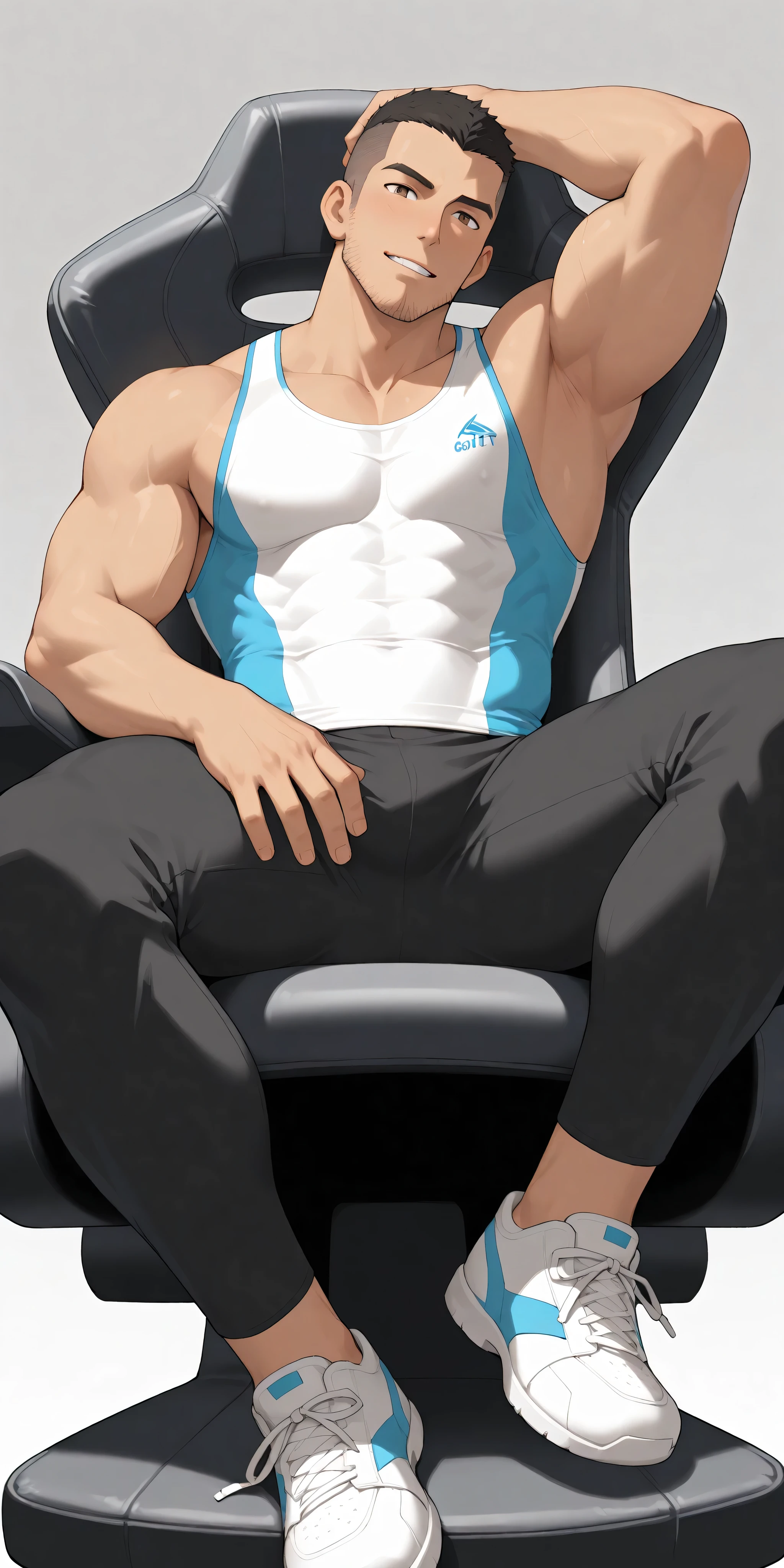 anime characters:Gyee, whole body, Buzz Cut, In the school bedroom, Sit on a premium massage chair, Very Soft, He grits his teeth, He wears a warm sports suit, Very tall, Muscle Sports Teacher, Stubble, Manliness, muscular, Milky white sneakers, Very tight, muscular male, muscular, only, alone, Black short hair, Thick eyebrows, stubble, Yellow eyes, Grey background, simple background, amazing quality, best aesthetics, Ridiculous, bright eyes, There is salivation on the corners of the mouth, crew cut, parted lips, Grit your teeth, The expression of embarrassment and patience, from below, best quality