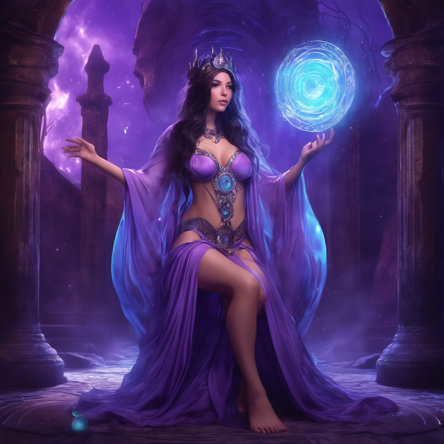 A stunning surreal illustration featuring an Aztec queen and her mist-shrouded vampire kingdom, rendered in mesmerizing bioluminescent neon watercolor hues, reminiscent of an ethereal dreamscape, bathed in a canvas of crystals, evoking an air of mystical opulence. The ancestral silhouette portrait, glows with an otherworldly luminescence, radiating an aura of enchantment. This ultra-high-resolution masterpiece embodies a harmonious blend of mystical realism and fantasy, pulsating with iridescent hues of blue, violet, and green, inviting the viewer to step into her mystical realm.
