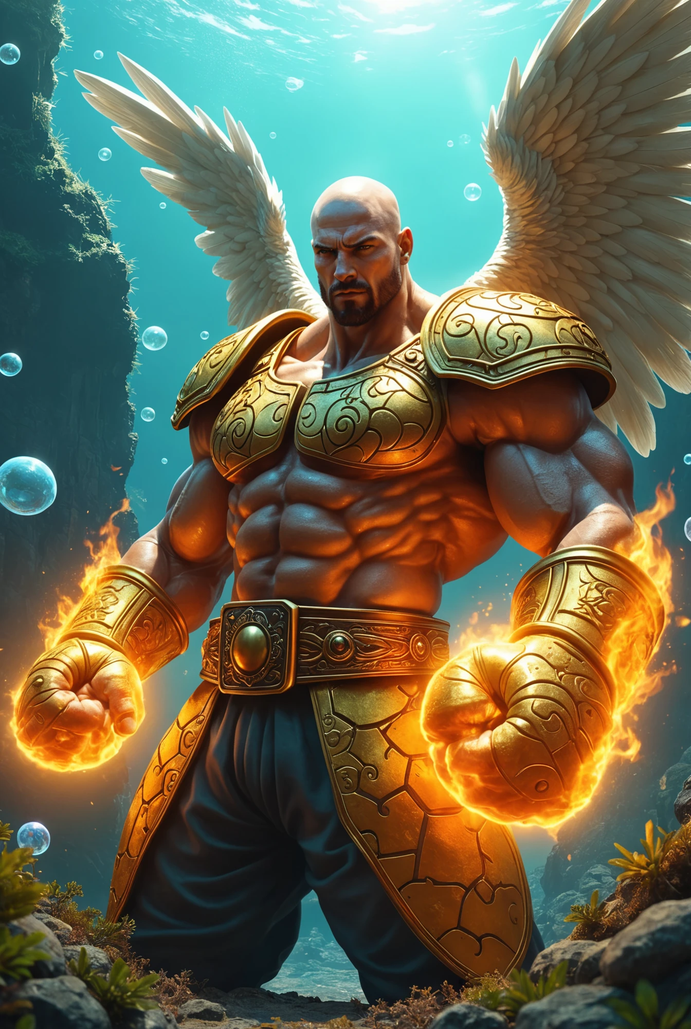 Homem anjo, Your fists and eyes are on fire, His body is muscular and his clothes are monk's.