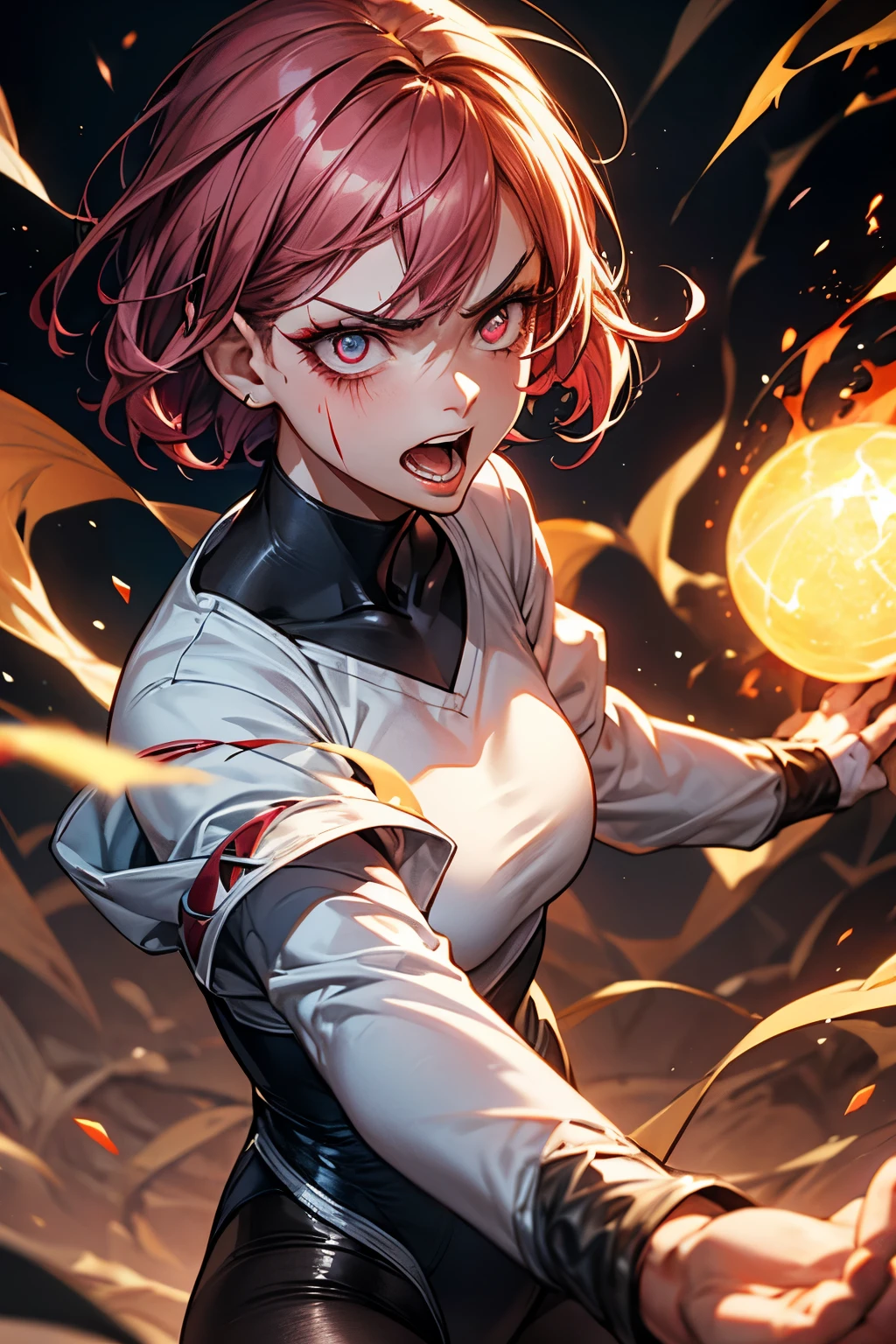 (highest quality:1.2), a 20-years-old girl attacks by a fire ball of psychic power, in fighting pose,  perfect anatomy, anatomical correct fingers, unbelievable evil expression, surrounding red glowing, from front view, a photorealistic cute gymnast, heavily make-up face, open mouth to laugh with brutal rage, blank eyes with heavy dark eyshadow, dark blue shadowed eye, dark bloody-red lip with cruel anger, grinding in frustration,  short-bob pink hair, upper body portrait above the knee, wearing tight fitting long sleeved black leotard, wearing white pantyhose.