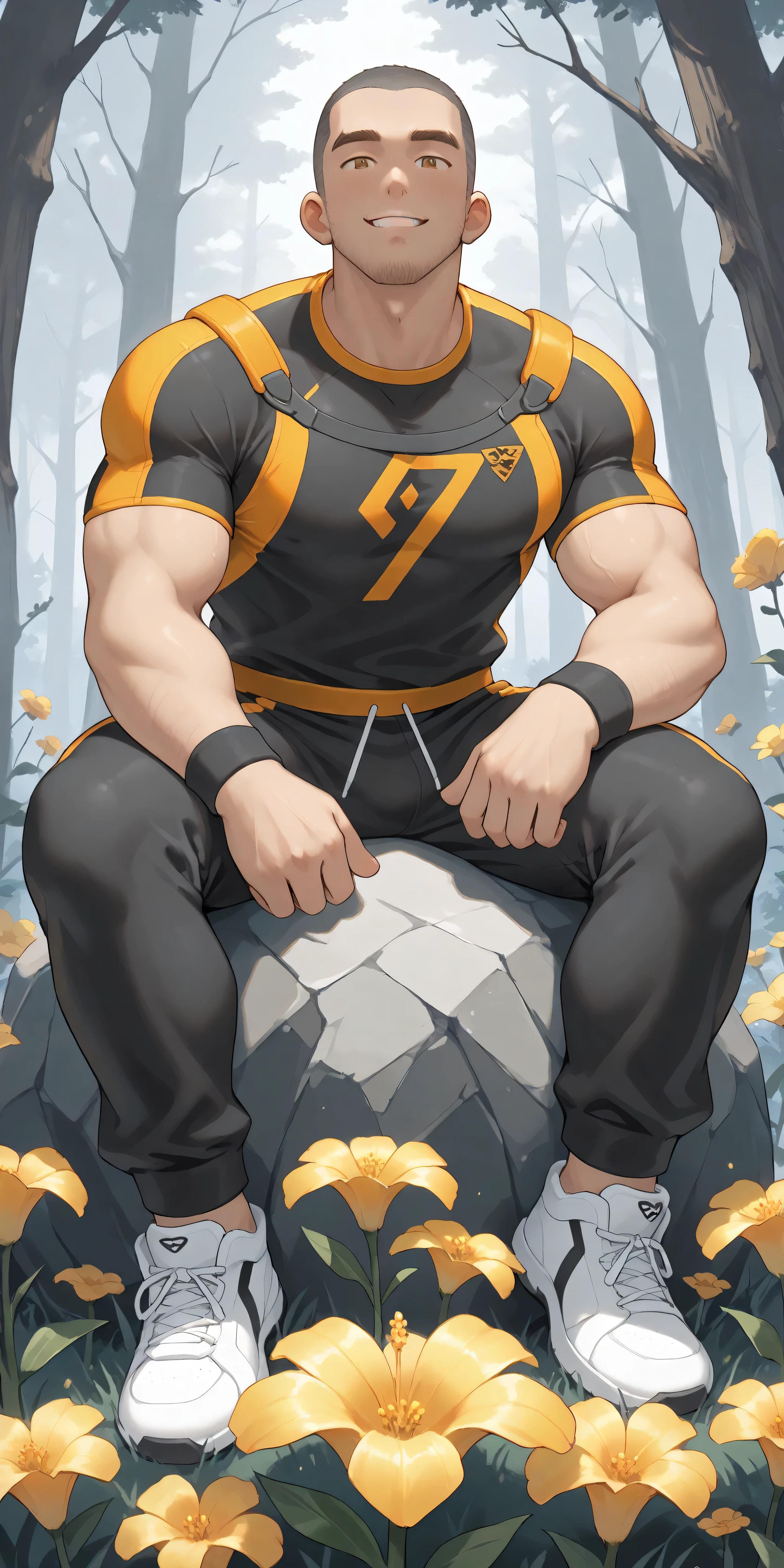 anime characters:Gyee, whole body, Buzz Cut, In a scary forest, Sitting on a giant man-eating flower, A lot of mucus comes out of the flower, He grits his teeth, He wears a warm sports suit, Very tall, Muscle Sports Teacher, Stubble, Manliness, muscular, Milky white sneakers, Very tight, muscular male, muscular, only, alone, Black short hair, Thick eyebrows, stubble, Yellow eyes, Grey background, simple background, amazing quality, best aesthetics, Ridiculous, bright eyes, There is salivation on the corners of the mouth, crew cut, parted lips, Grit your teeth, The expression of embarrassment and patience, from below, best quality