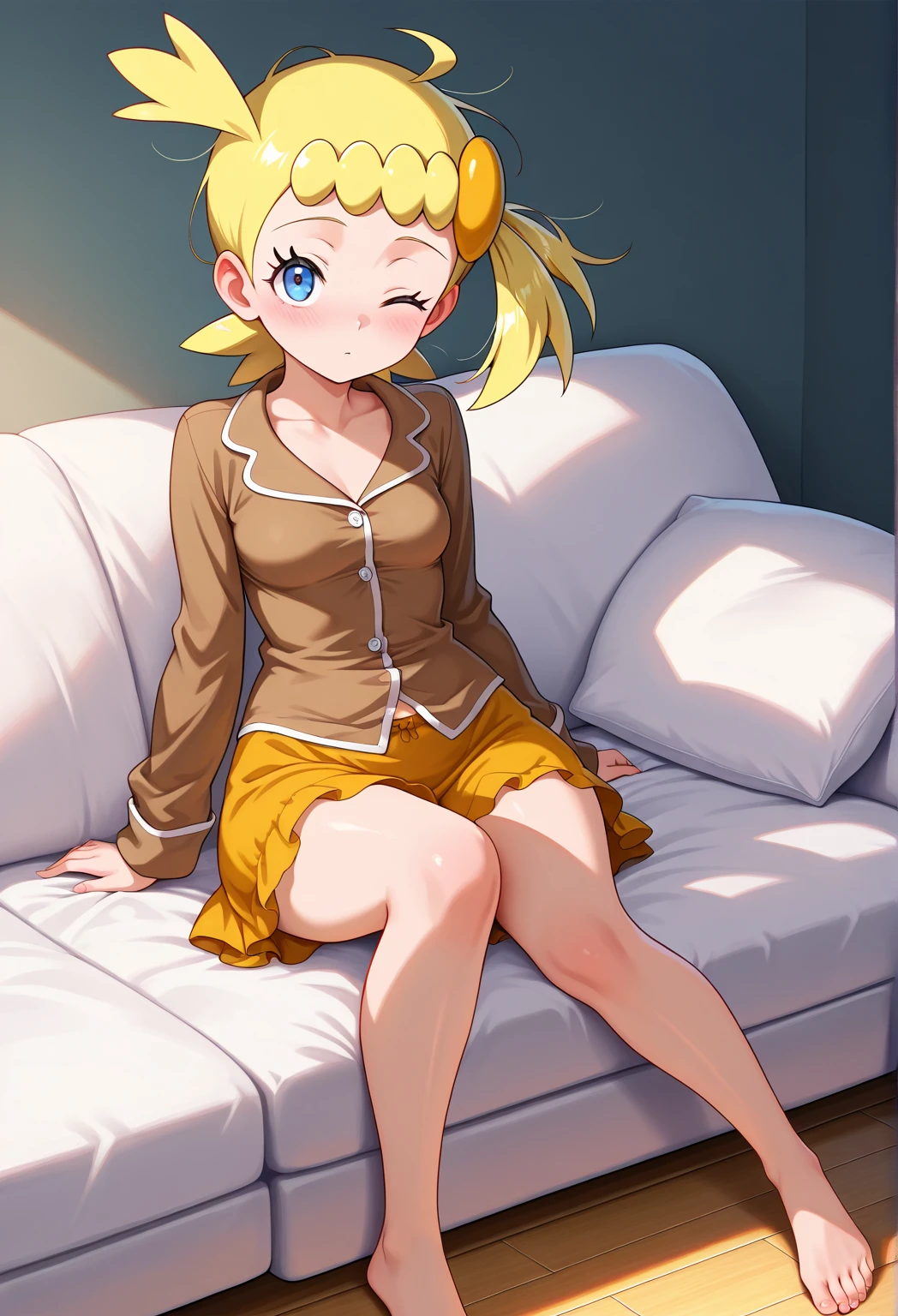 (((1 chico))), femboy, by white, huge ass, green eyed, big thighs, thin waist, cute little, Living room setup, gold short shorts, blush, full body view, super masterpiece, HDD, comfortable environment, (((flat chest)))