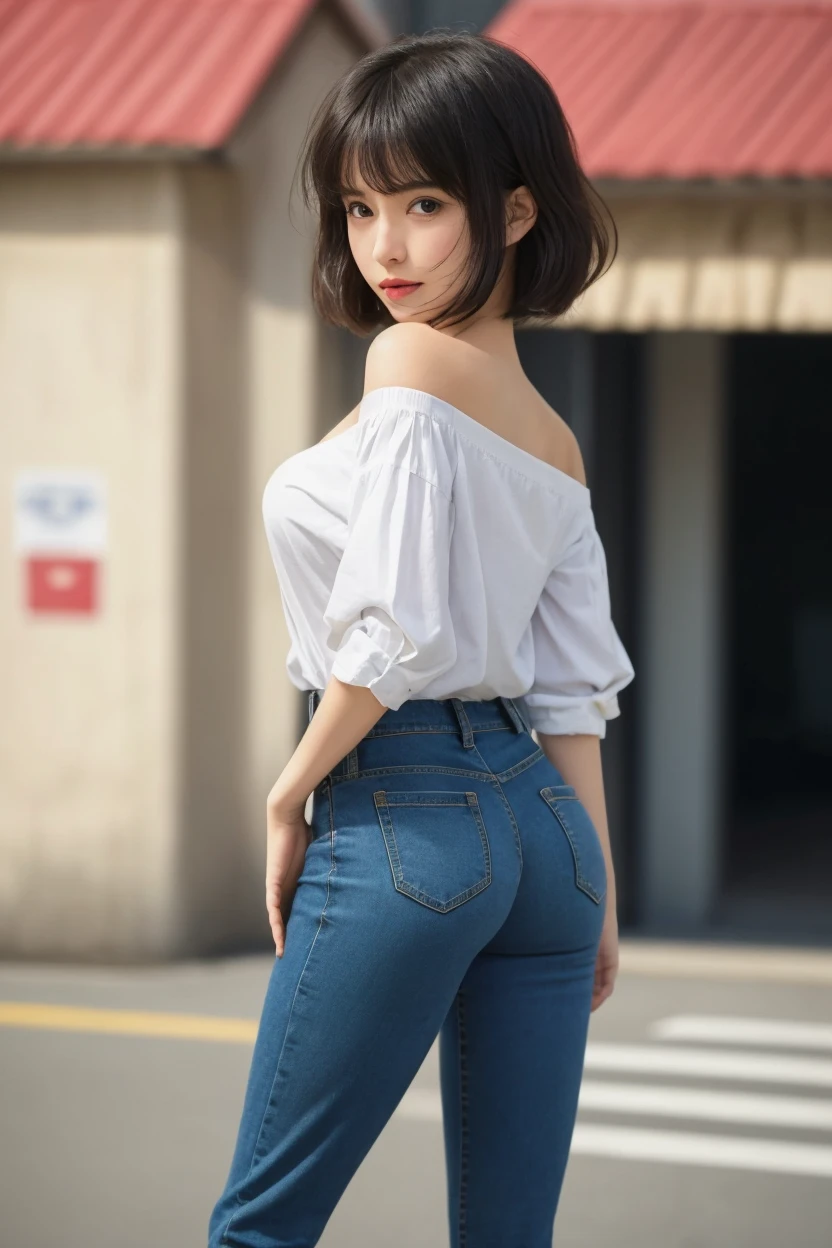 Ultra-clear resolution,Young girl,Shoulder-length hair,Light hair color,Earrings,Clear eyes,No makeup,Lip Gloss,Perfect face,Fair skin,Perfect breasts,Long and slender legs,Denim Mini Skirt,Black high heels,Empty outdoors