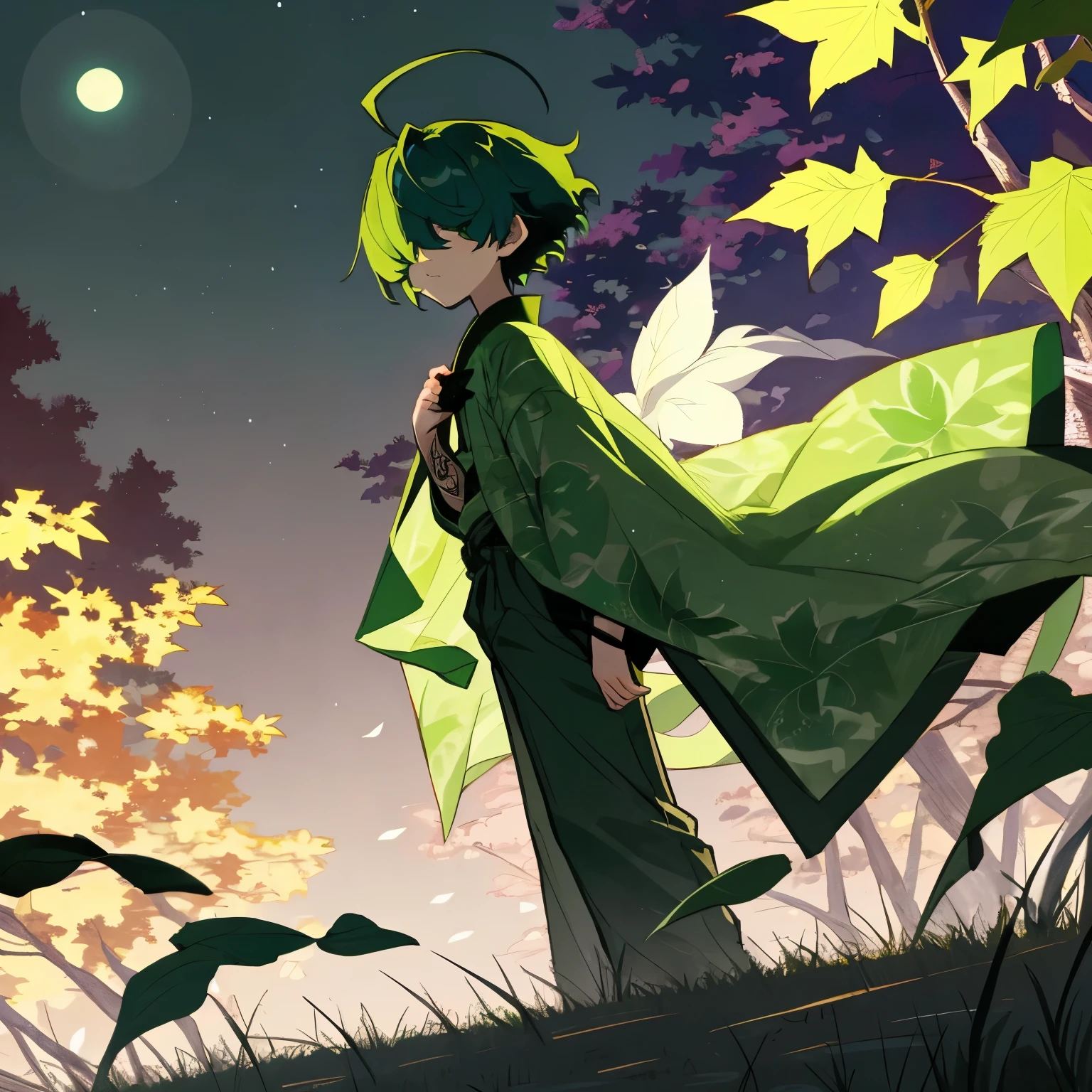 (boy), green ivy hair, green eyes, short cut, side part, ahoge, hair over one eye, thin eyebrows, young, expressionless, alone, short, Shota, solo, with a magic leaves large green big tattoo, slim, dark fantasy, cult party kei, cyberpunk, outside, at night, Thin