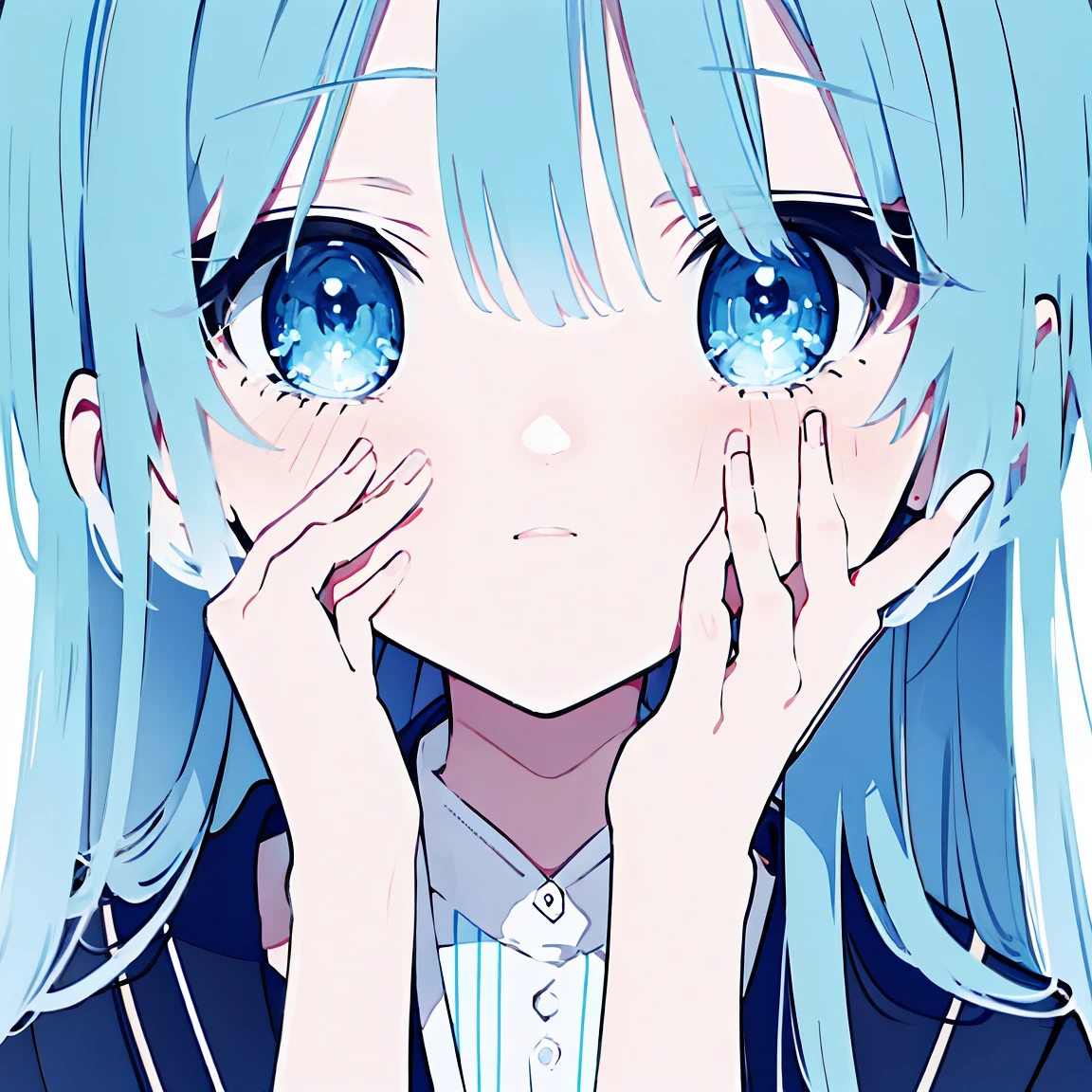  super precision 　 best quality 　One person　 blue hair blue eyes　 cute　 short　whole body　 put your hands in front of your face 、Poses like “Please”