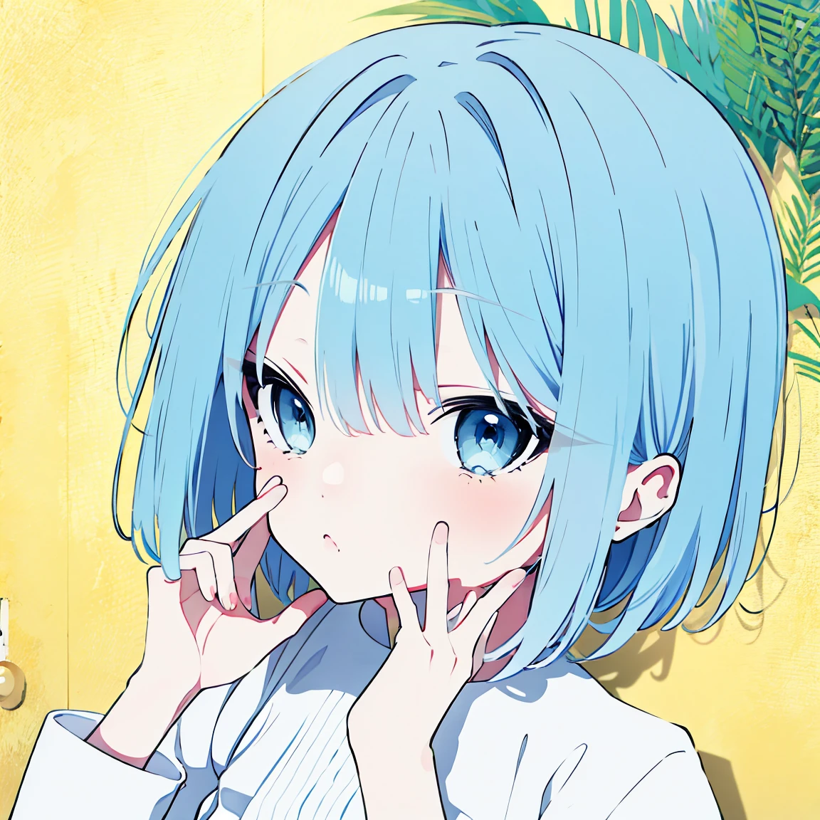  super precision 　 best quality 　One person　 blue hair blue eyes　 cute　 short　whole body　 put your hands in front of your face 、Poses like “Please”