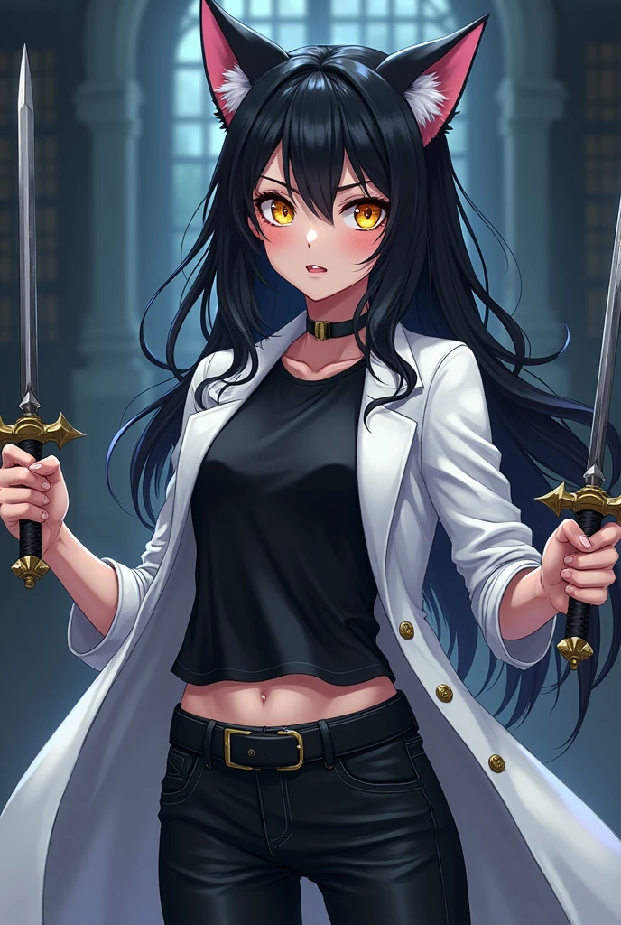 Masterpiece: 1.6, best quality: 1.4, live image: 1.2, intricate details: 1.2, charturnerv2: 1.2,
Appearance: (1girl character) milf: 1.25, thin: 1.3, light blue eyes, medium breasts, medium ass, detailed eyes, quality eyes,
Clothing: black ubuttoned shirt with rolled up sleeves, black pants,
Accessories: simple earrings, Holy sword,
Hair: black hair, half long hair,
Makeup: natural, shiny skin,
(space background: 1.3)