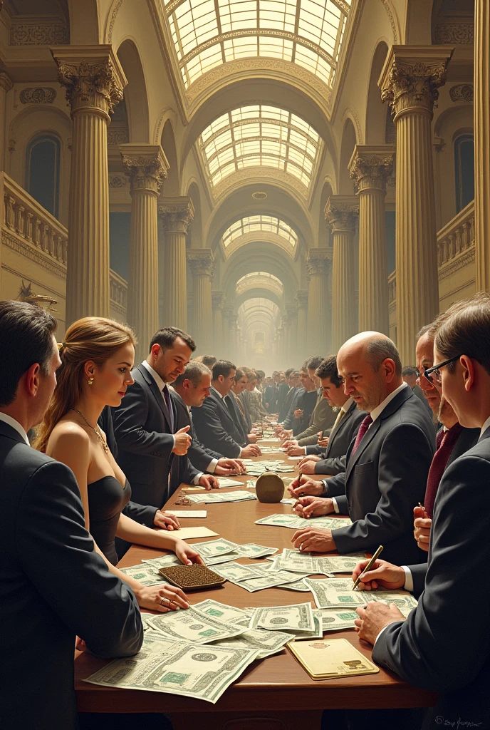 Generates an image of a table, in the center of the table there is a small city with lights, around the table there are people of different races, dressed elegantly laughing, one of them is dressed in red and has a magnifying glass on her eye with an angry face, The angle of the image is seen from top to bottom, the people look creepy, the room looks a bit dark
