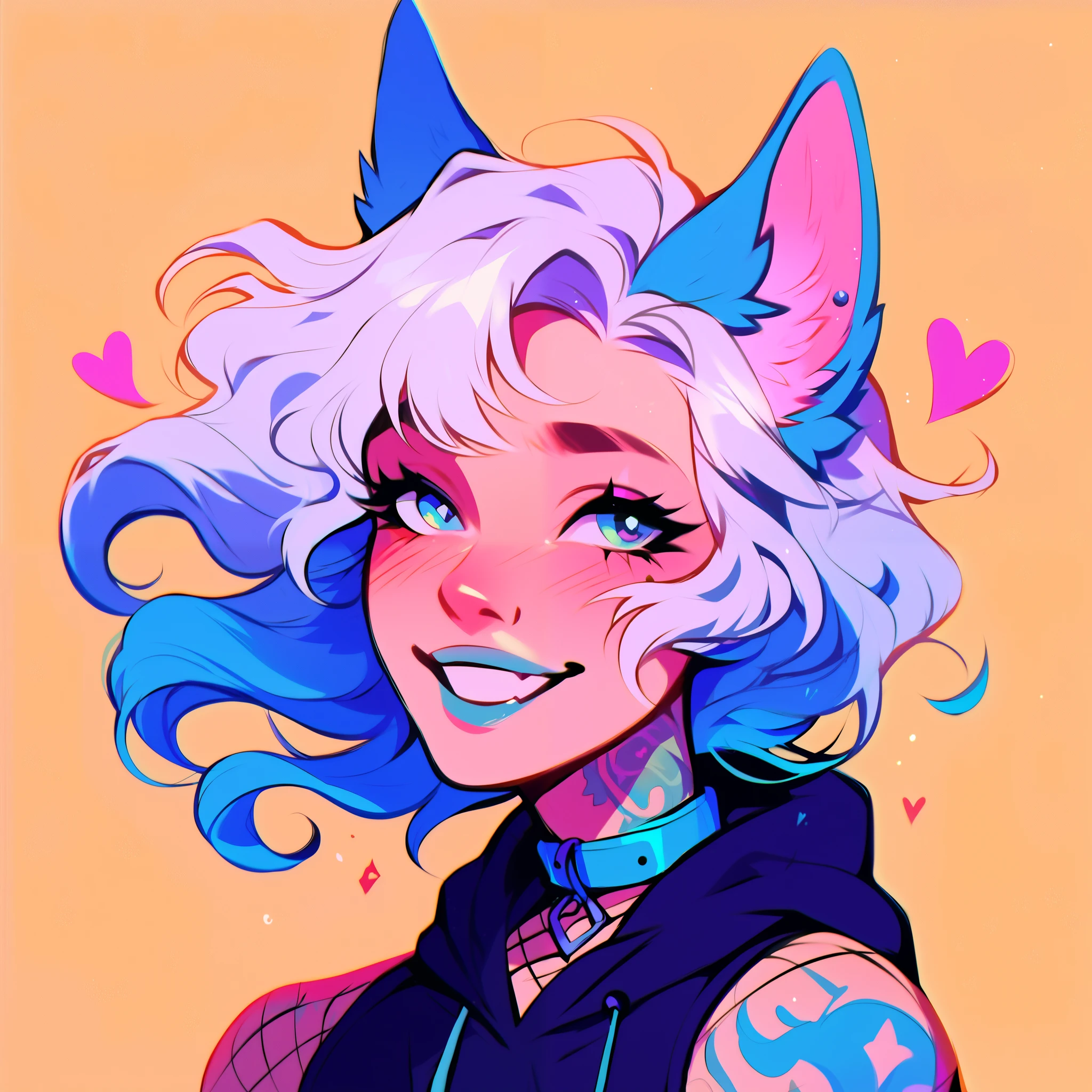 score_9, score_8_up, score_7_up, score_6_up, score_5_up, score_4_up, did vaporwave style, a male femboy with very long wavy white hair with blue highlights, has big fluffy wolf ears, has a wolf tail, wearing a thick brown collar with a heart hanging from it, wearing a sleeveless cropped black hoodie with something cute on it, wearing denim short shorts, has blushy cheeks, has blue lipstick on, has tattoos, wearing fishnet stockings, smiling, showing wolf canine teeth, glowing blue eyes, bubbles, floating hearts, shown from the waist up, showing upper body, showing arm tattoos