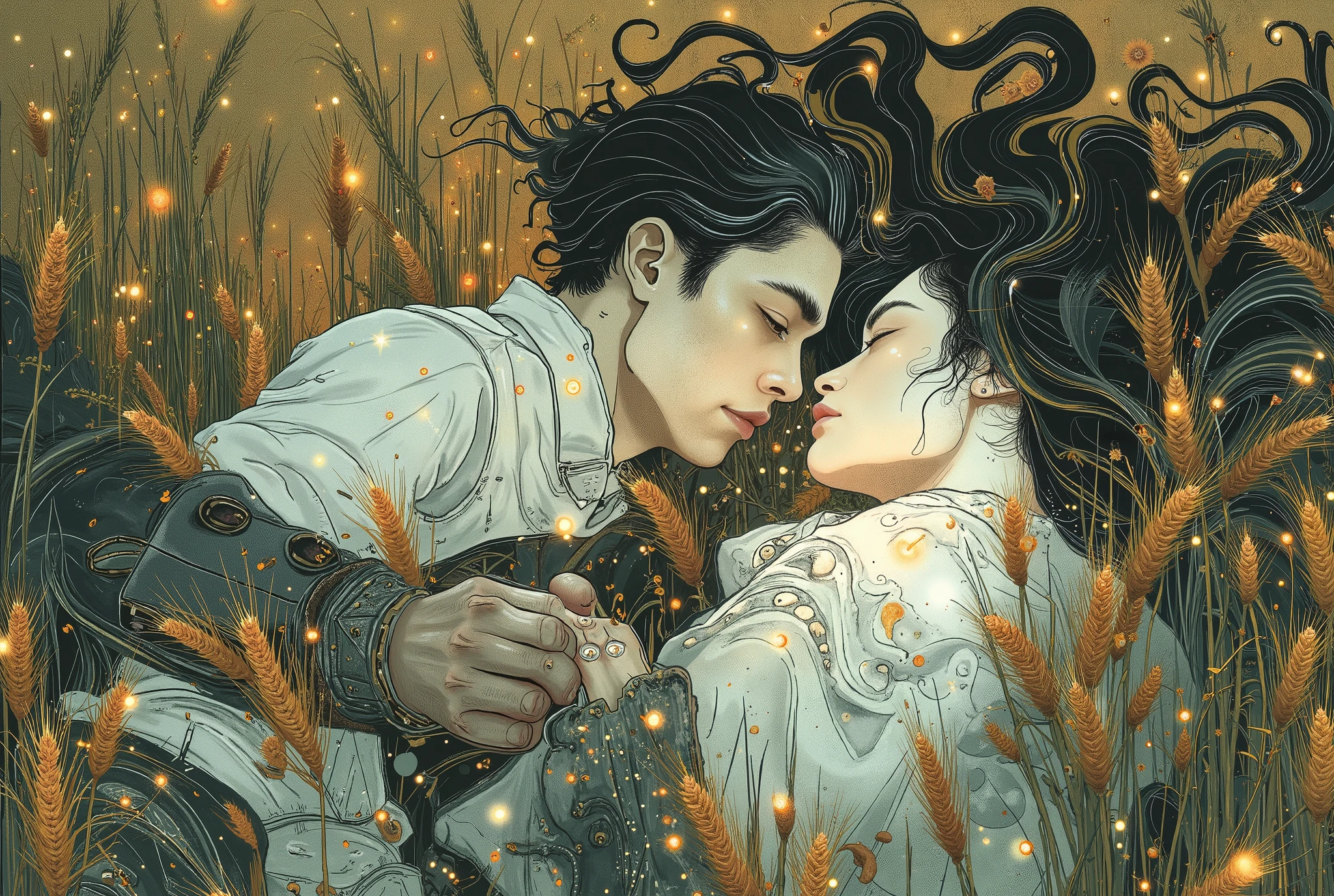  a heterosexual couple ,  lying on his back ,  holding hands , romantic moment, He is a banker ,  she is a beautiful Native American,  they are surrounded by wheat ,  they look in love , chiaroscuro, cinematic lighting, Fujicolor, UHD, Retina, masterpiece, Accurate, anatomically correct, textured skin, Super detail, high details, high quality,  award winning ,  best quality , highres, 1080P, HD, 16K