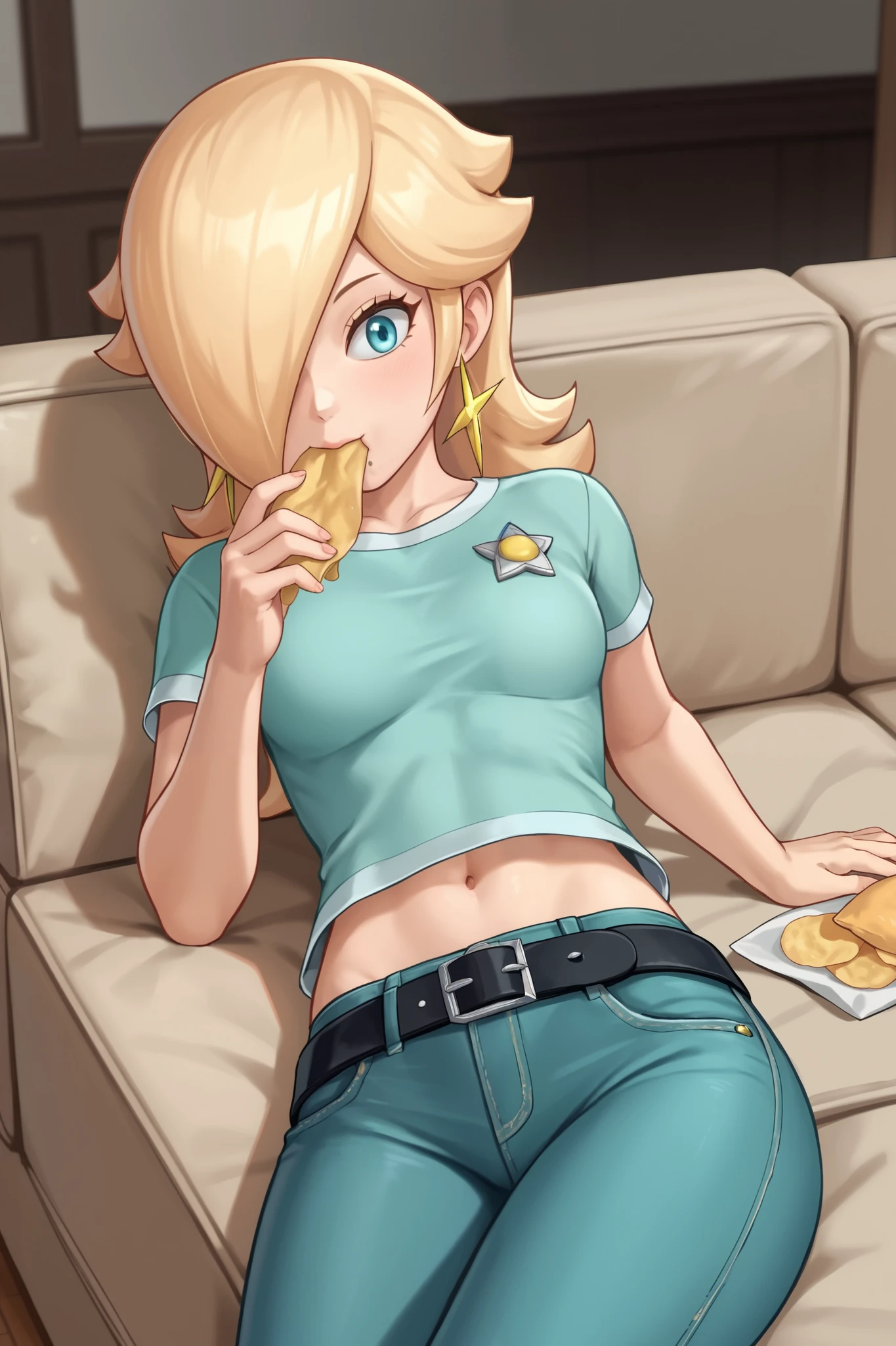 score_9, score_8_up, score_7_up, source_anime, rosalina, blonde hair, blue eyes, hair over one eye, long hair, star earrings, solo, cowboy shot, black t-shirt, taut clothes, tight shirt, midriff, navel, jeans, black belt, laying on couch, eating chips, indoors