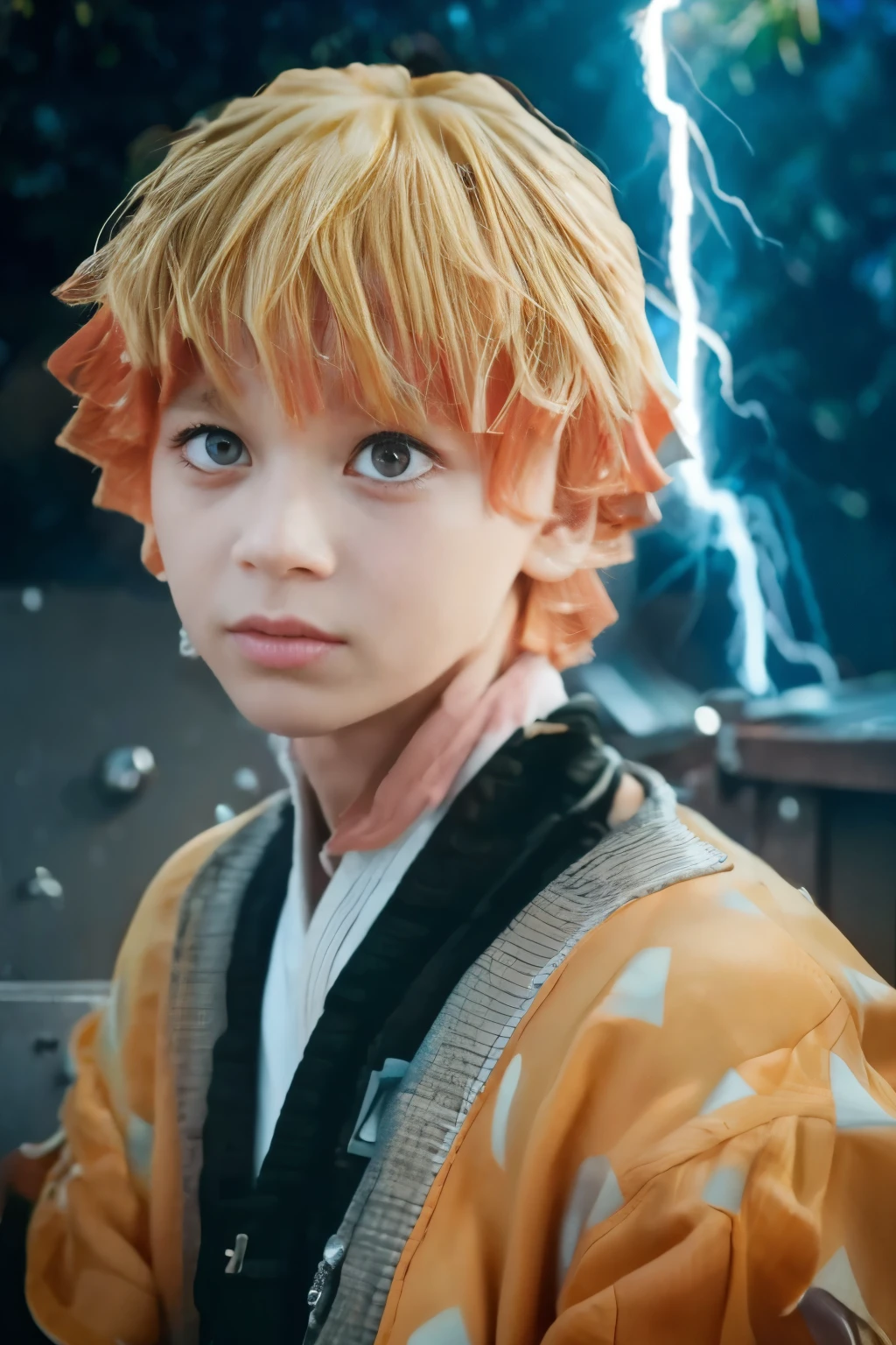 a realistic detailed portrait of zenitsu agatsuma, stunning detailed eyes, beautiful long eyelashes, extremely detailed facial features, messy blonde short hair, shocked expression, colorful lightning effects, dynamic action pose, highly detailed, cinematic lighting, hyper realistic, 8k, masterpiece, orange yellow haori