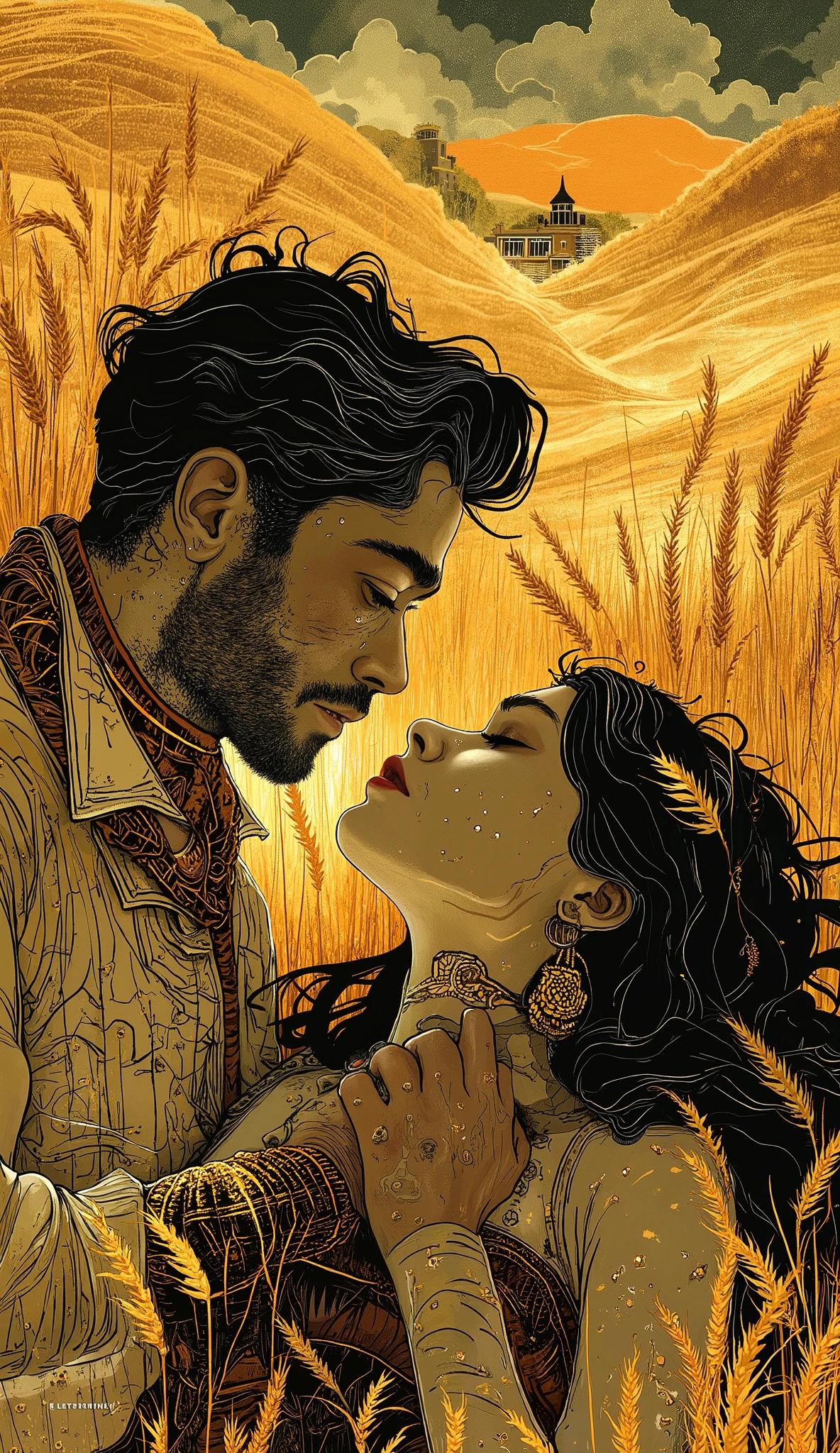 a heterosexual couple ,  lying on his back ,  holding hands , romantic moment, He is a banker ,  she is a beautiful Native American,  they are surrounded by wheat ,  they look in love , chiaroscuro, cinematic lighting, Fujicolor, UHD, Retina, masterpiece, Accurate, anatomically correct, textured skin, Super detail, high details, high quality,  award winning ,  best quality , highres, 1080P, HD, 16K