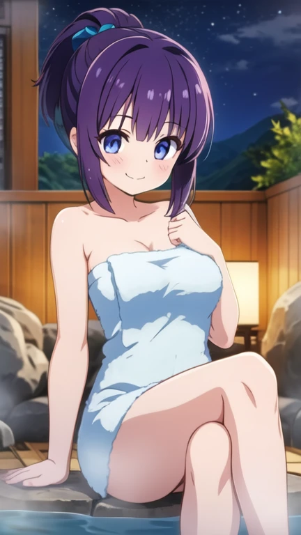 todoshizuko, purple hair, ponytail, hair ribbon, long hair, blue eyes, makeup, 15years old ,, empty eyes , large breasts, nipple, Running, , Heavy snowfall area　frozen wet crying mountain Alone, Smile, crying,  Naked, solo, 1girl, 