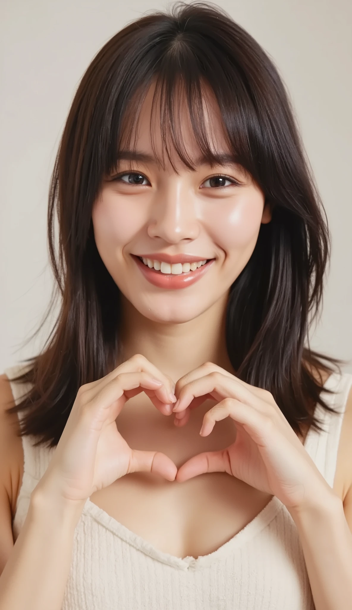 She wears a camisole and poses with her hands in the shape of a heart in front of her chest、 Cute Smile Up、 The background is plain、 HD、細部にわたって HD