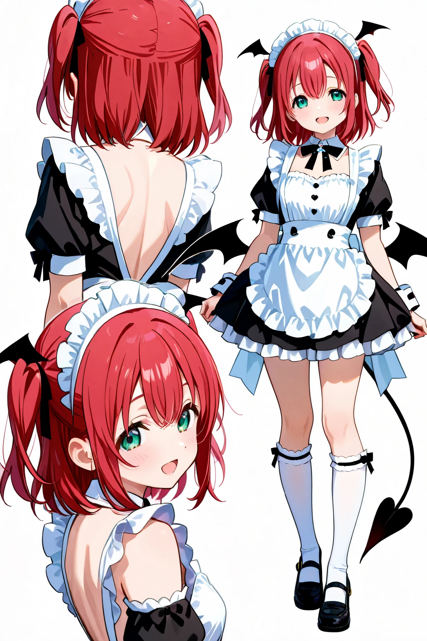 1 girl, Kurosawa Ruby、 short hair、bangs、( green eyes:1.3)、 Red Hair、Aqua Hitomi 、 two side up、smile、 Ultra Details、 open mouth 、whole body、 maid clothes、 over the knee socks 、 standing、 Two views、 back、 devil's tail
