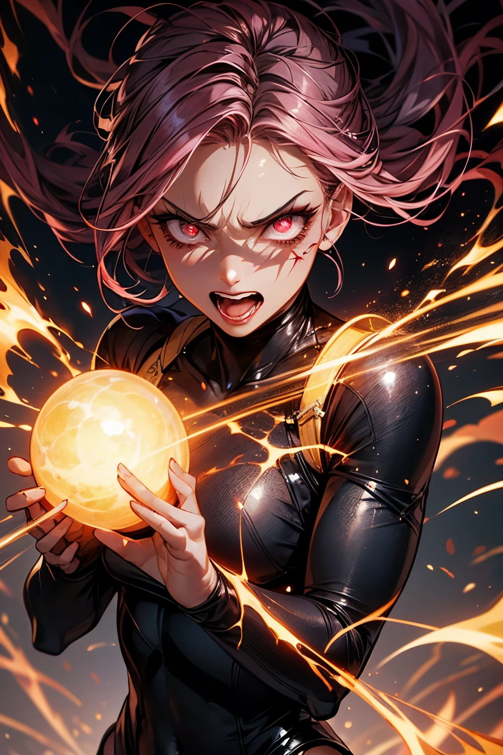 (highest quality:1.2), a 20-years-old girl attacks by a fire ball of psychic power, in fighting pose, perfect anatomy, anatomical correct fingers, unbelievable evil expression, surrounding red glowing, from front view, a photorealistic cute gymnast, heavily make-up face, open mouth to laugh with brutal rage, blank eyes with heavy dark eyshadow, dark blue shadowed eye, dark bloody-red lip with cruel anger, grinding in frustration, short-bob pink hair, upper body portrait above the knee, wearing tight fitting long sleeved black leotard, wearing white pantyhose.