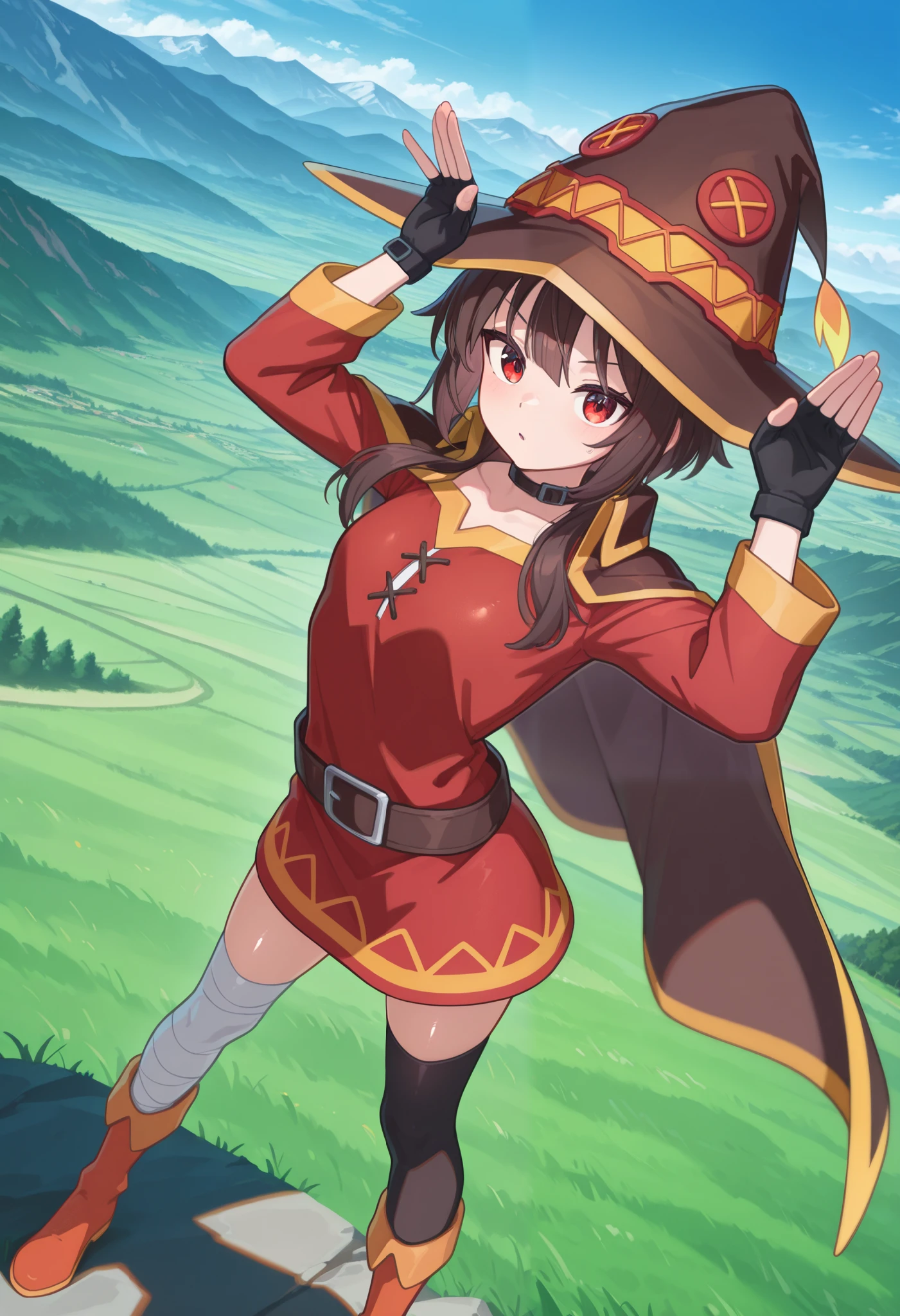 1 girl, Megumin, Red Eyes, Short hair to long hair, tea hair, red dress, black choker, fingerless gloves , belt, black gloves, Single Knee High , black knee-highs, Bandaged legs , boots, color, Cape, witch hat , rabbit pose 、 perspective, Watch Your Audience, grassland,On top of the mountain、 dynamic pose, arched back , standing, from above, Dutch angle, Outdoors, ãã©ã¹ , null, colorful, shiny skin with s, Masterpiece, best quality , Great Quality, very aesthetic, Dumb , up to date, scenery, ( volumetric lighting:1.1), allows depth of field