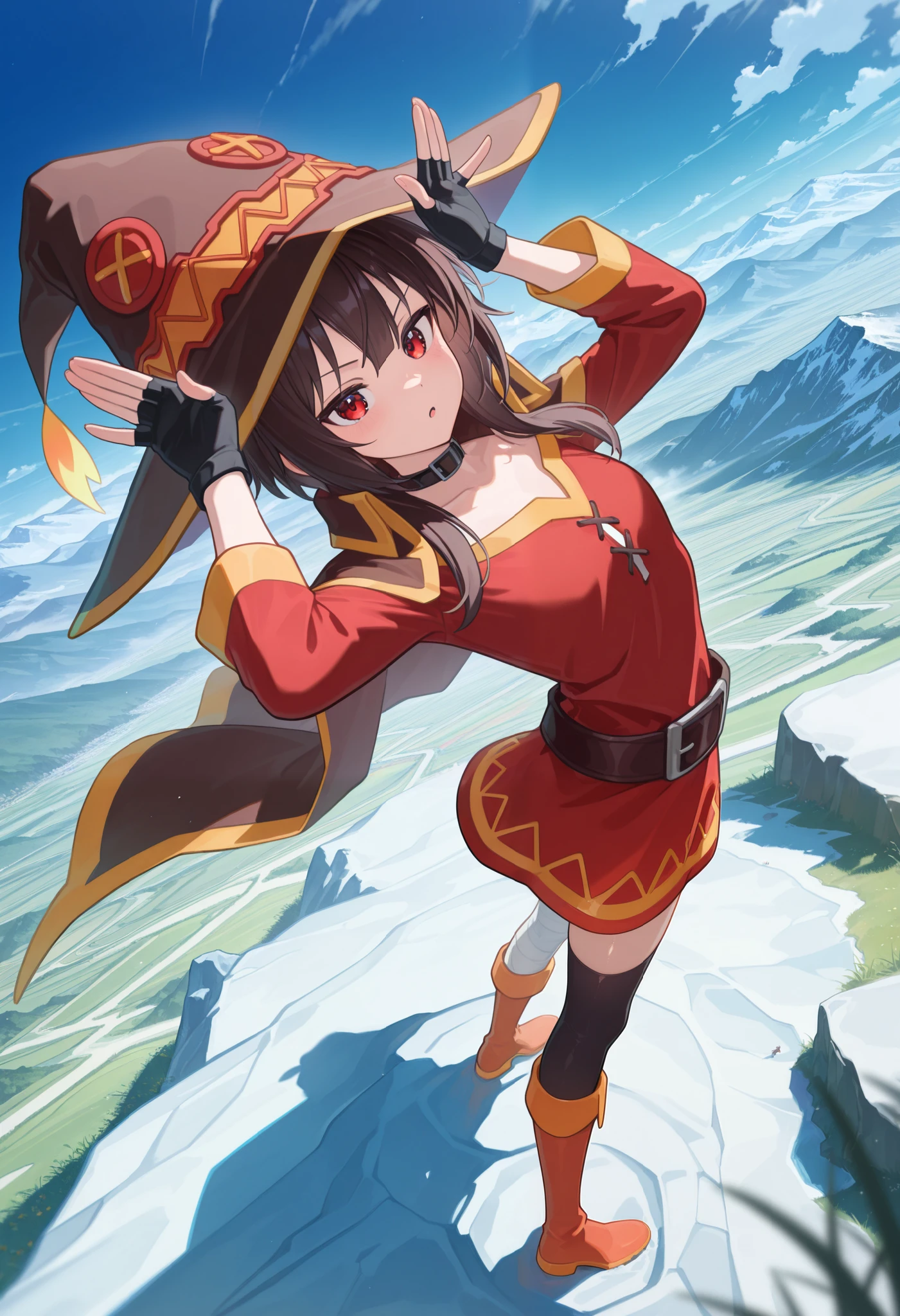  1 girl, Megumin,  Red Eyes, Short hair to long hair,  tea hair,  red dress,  black choker,  fingerless gloves , belt,  black gloves,  Single Knee High ,  black knee-highs, Bandaged legs ,  boots,  color, Cape,  witch hat ,  rabbit pose 、  perspective,  Watch Your Audience, grassland,On top of the mountain、  dynamic pose,  arched back ,  standing,  from above,  Dutch angle, Outdoors, ãã©ã¹ , null,  colorful,  shiny skin with s, Masterpiece,  best quality ,  Great Quality, very aesthetic,  Dumb , up to date, scenery, (  volumetric lighting:1.1),  allows depth of field