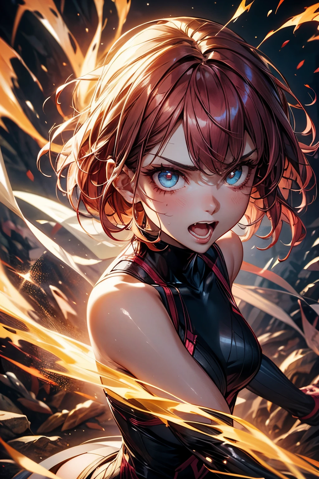 (highest quality:1.2), a 20-years-old girl attacks by a fire ball of psychic power, in fighting pose, perfect anatomy, unbelievable evil expression, surrounding red glowing, from front view, a photorealistic cute gymnast, heavily make-up face, open mouth to laugh with brutal rage, blank eyes with heavy dark eyshadow, dark blue shadowed eye, dark bloody-red lip with cruel anger, grinding in frustration, short-bob pink hair, upper body portrait above the knee, wearing tight fitting long sleeved black leotard, wearing white pantyhose.