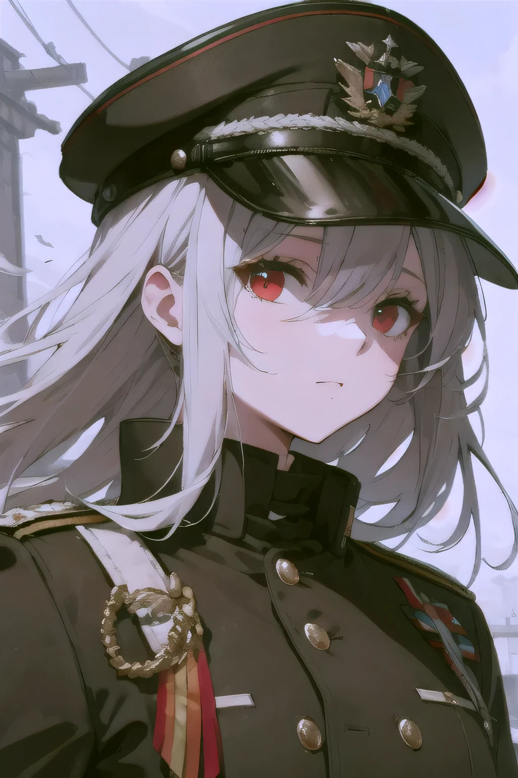 Light gray hair，dark gray eyes，handcuff，Petite girl，The face is solemn，Military caps and uniforms，Fascist Nazis，The right eye is blocked by hair