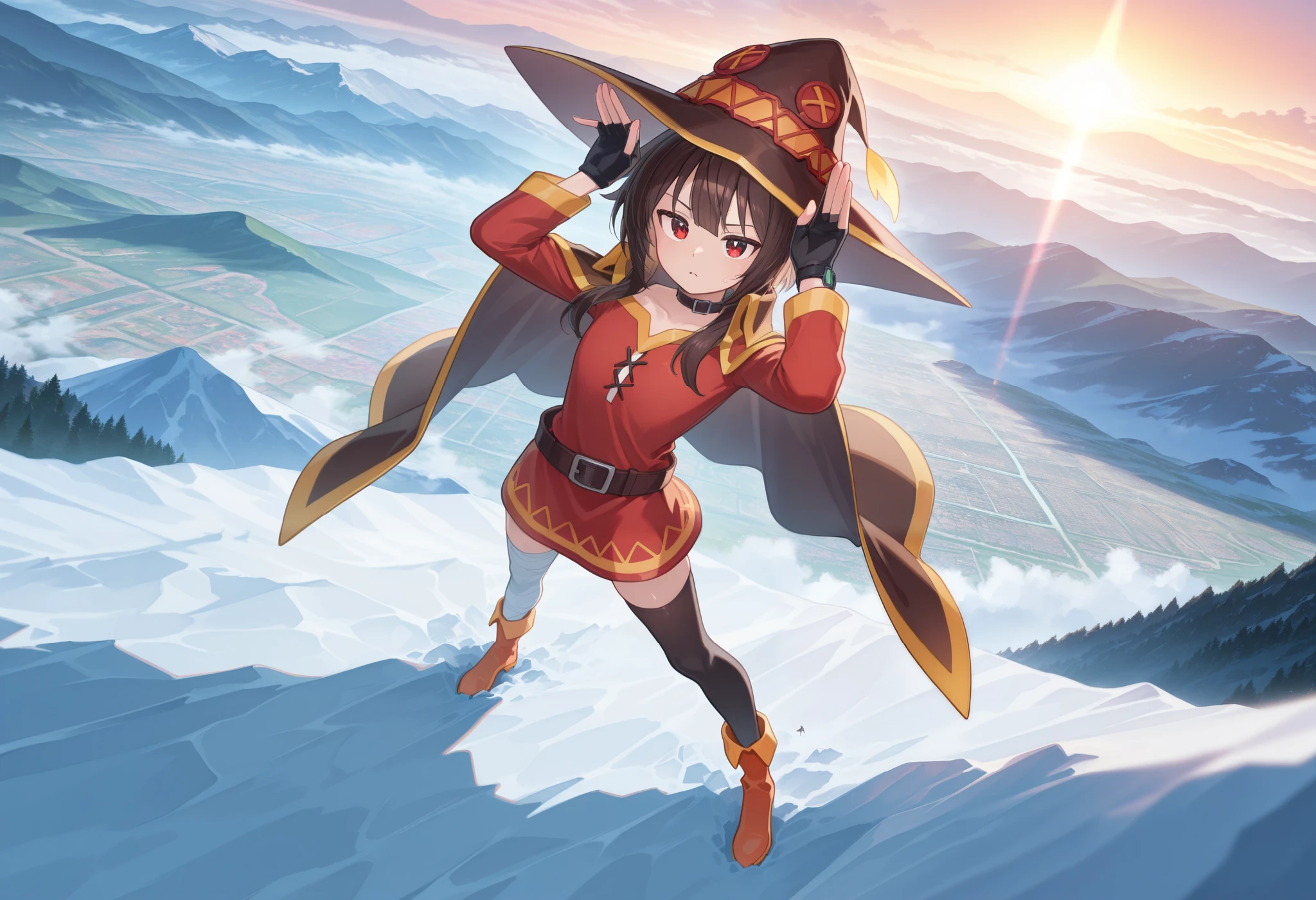 1 girl, Megumin, Red Eyes, Short hair to long hair, tea hair, red dress, black choker, fingerless gloves , belt, black gloves, Single Knee High , black knee-highs, Bandaged legs , boots, color, Cape, witch hat , rabbit pose 、 perspective, Watch Your Audience, grassland,On top of the mountain、 dynamic pose, arched back , standing, from above, Dutch angle, Outdoors, ãã©ã¹ , null, colorful, shiny skin with s, Masterpiece, best quality , Great Quality, very aesthetic, Dumb , up to date, scenery, ( volumetric lighting:1.1), allows depth of field