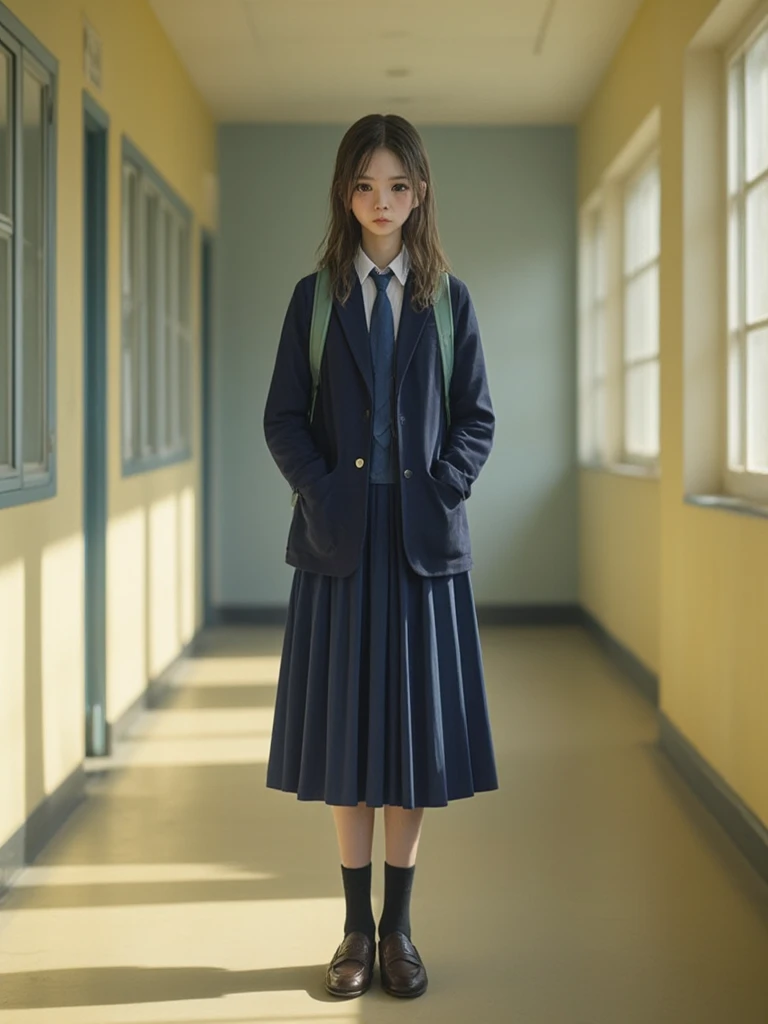 Ultra-realistic, Wide Shot, 1. woman, Japanese Teen, Twin tails, big, A sharp gaze shines, Long eyelashes,Imabari Higashi High School blazer uniform,Light blue ribbon, Blue Checkered Mini Skirt, White calf socks and white sneakers, Wearing black Puma underwear, The legs spread out in an M shape., Yuina Deguchi&#39;s underwear is visible, Gogo Yubari, Kill Bill, indoor, Bokeh effect, Written boundary depth, Ultra-realistic, Professional photography, Cinema Lighting