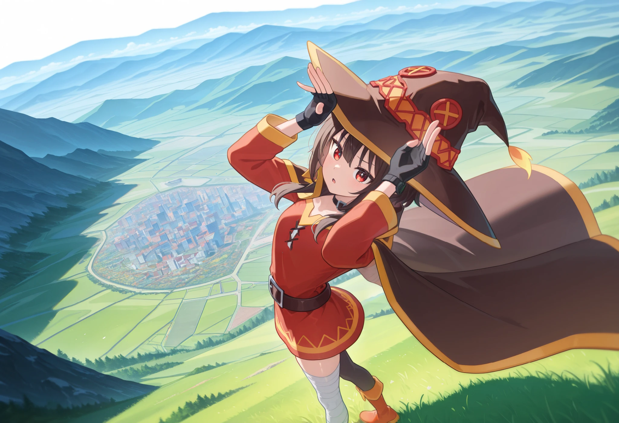 1 girl, Megumin, Red Eyes, Short hair to long hair, tea hair, red dress, black choker, fingerless gloves , belt, black gloves, Single Knee High , black knee-highs, Bandaged legs , boots, color, Cape, witch hat , rabbit pose 、 perspective, Watch Your Audience, grassland,On top of the mountain、 dynamic pose, arched back , standing, from above, Dutch angle, Outdoors, ãã©ã¹ , null, colorful, shiny skin with s, Masterpiece, best quality , Great Quality, very aesthetic, Dumb , up to date, scenery, ( volumetric lighting:1.1), allows depth of field