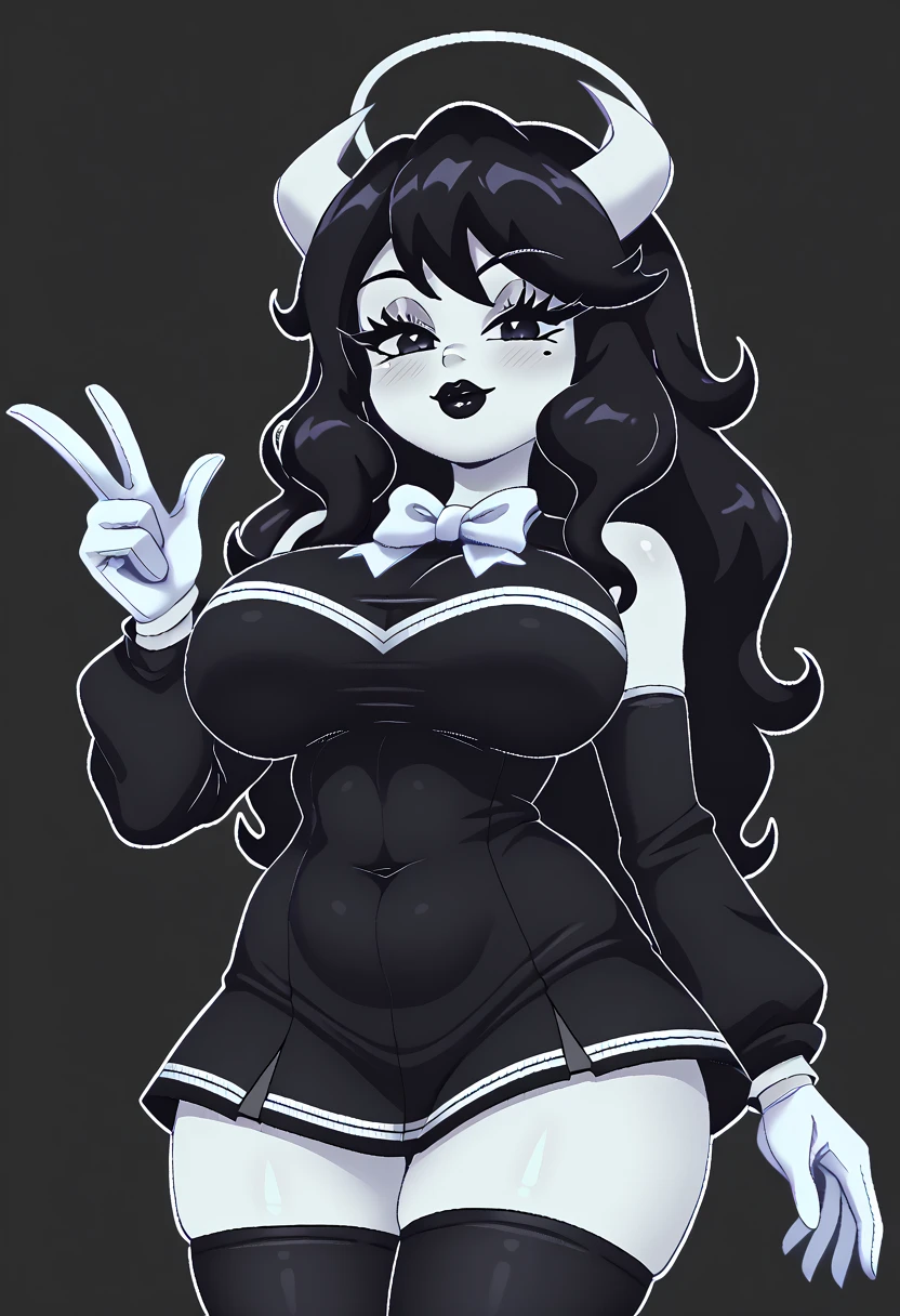 (melhor qualidade, obra-prima1.2), 1 garota, Sozinho, humano, Cally3D, Alice angel, black hair, black eyes, black lipstick, white body, horns, halo, moletom vermelho, sexy, detalhado, detalhe extremo, perfect lighting, 4k, capuz para baixo,