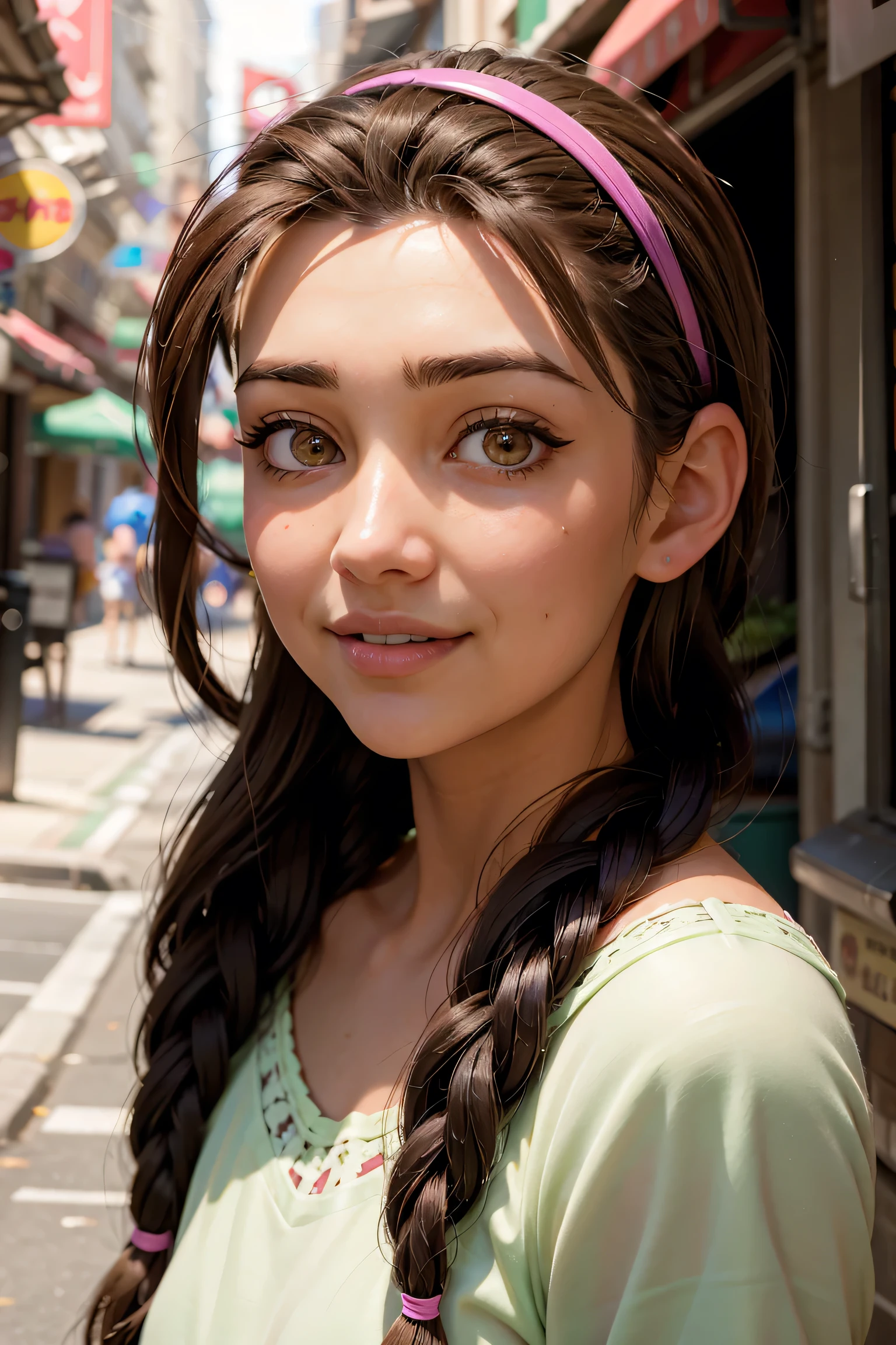 An impressive and intricate full color portrait, Ultra-HD a girl, brown hair with 2 braids, brown eyes, pink headband, detailed face, dressed in a light green t-shirt with embroidery on the neck, no logos, epic character composition, alessio albi, nina masic, sharp focus, natural lighting, subsurface dispersion, f2, 35mm, happy face, laugh.