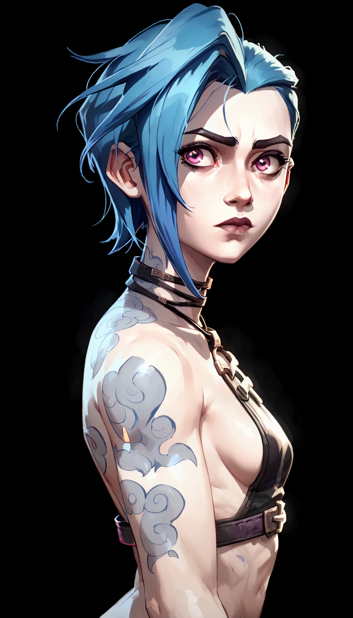 one woman, jinx from league of legends, (purple eyes:1.2), (grey skin:1.2), short hair, blue hair, (upper body:1.3), (black background, clear background:1.5), (completely nude:1.3), (studio lights, deep shadows:1.3), (small chest:1.2), (crop top, sideboob:1.4), (curious face:1.2)