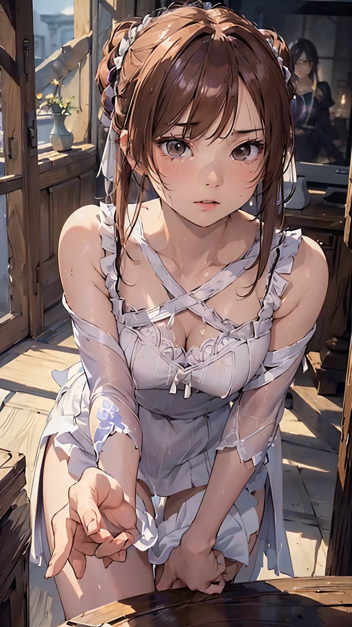 (Masterpiece: 1.3), (   Juliet sleeve 1 girl with idiot hair : 1.2), (  ultra HD TV  : 1.2),     Cinematic Light 、  8k resolution,  detailed facial features,(   INTENSE FOCUS ON YOUR FACE AND CHEST  : 1.2),  beautiful faces, The exact structure of the human body ,   high resolution face and skin textures  ,  beautiful eyes,  beautiful eyes,   Thin eyebrows on boots ,growing skin, (  glossy lips :1.4),   small breasts、   slender style  , elegant embroidered underwear  ,   white panties ,  white bra, Exposed chest、  soft breasts、Sweaty chest、  restless expression  、Express disgust、  Embarrassing Expression、anger、sorrow、tears、dissatisfaction、   expressionless、  dirty clothes、  sweaty  、Age 18、  light brown hair 、beautiful and clean lady  、1 person,   beautiful eyes、  dark basement、restrict,(  Purple China Dress  :1.2)、   Look Away、   hide crotch with hands、Sperm on thighs、run、execution、 Bang hair 、 Oblique cut bangs   、 From an angle、   small breasts 、   full body portrait 、  beautiful legs with tails、Big Round 、Round face、