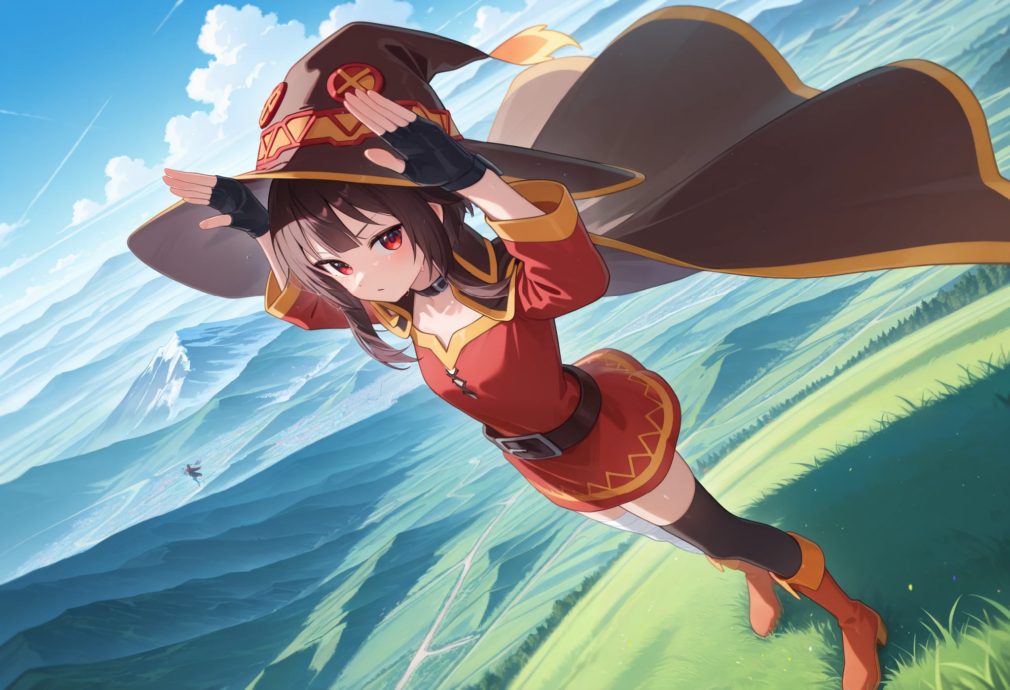 1 girl, Megumin, Red Eyes, Short hair to long hair, tea hair, red dress, black choker, fingerless gloves , belt, black gloves, Single Knee High , black knee-highs, Bandaged legs , boots, color, Cape, witch hat , rabbit pose 、 perspective, Watch Your Audience, grassland,On top of the mountain、 dynamic pose, arched back , standing, from above, Dutch angle, Outdoors, ãã©ã¹ , null, colorful, shiny skin with s, Masterpiece, best quality , Great Quality, very aesthetic, Dumb , up to date, scenery, ( volumetric lighting:1.1), allows depth of field