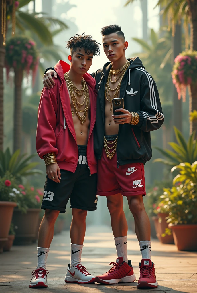 Full body Picture of a teenage boy Korean, ,thin body,15 years old wearing light brown transparent underwear , many golden and crystal accessories on body, necklace hand belt , golden shoes,topless walking in  Thailand royal palace street.