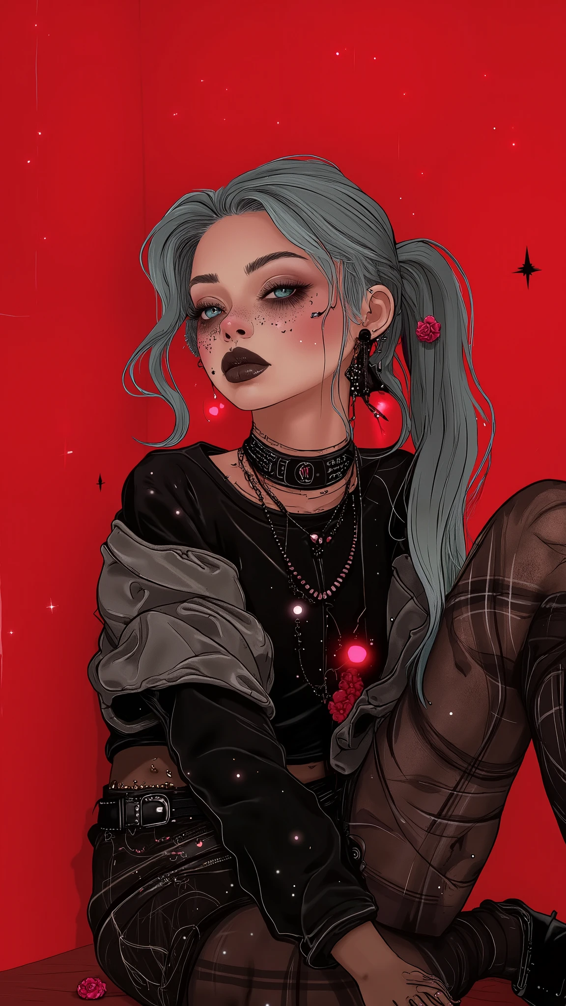 head tilted slightly downwards , black and light gray plaid miniskirt , sitting on the open floor , the miniskirt falls between her legs , black belt with silver buckle , sweatshirt with black sleeves , wears several necklaces , dog collar with spikes , aesthetic goth girl , cyan eyes, long false eyelashes , kisses and full lips , a black girl with tufts of cyan hair and net stockings , brow length bangs , her hair falls over her shoulders , spiked wives , heart tattoo on her cheek long cross-shaped earrings {x} an arm back and an arm forward between the legs covering your private part , blushing cheeks , 1 7 - **** - *** anime goth girl , 1 7 - **** - *** goth girl , goth girl , goth girl aesthetic, anime vibes, gothic aesthetics , Style Ross Tran, dressed in punk clothes, pastel gothic aesthetic , Gothic mall , Guweiz-style artwork , Looks like a mix of grimes , plain cyan background , Chiaroscuro, cinematic lighting , Fujicolor, U high definition , Retina, masterpiece, Precise, Anatomically correct , make-up, super detail , detailed pants , high quality, awarded , envelopes , highres, 1080P, high definition , 16K