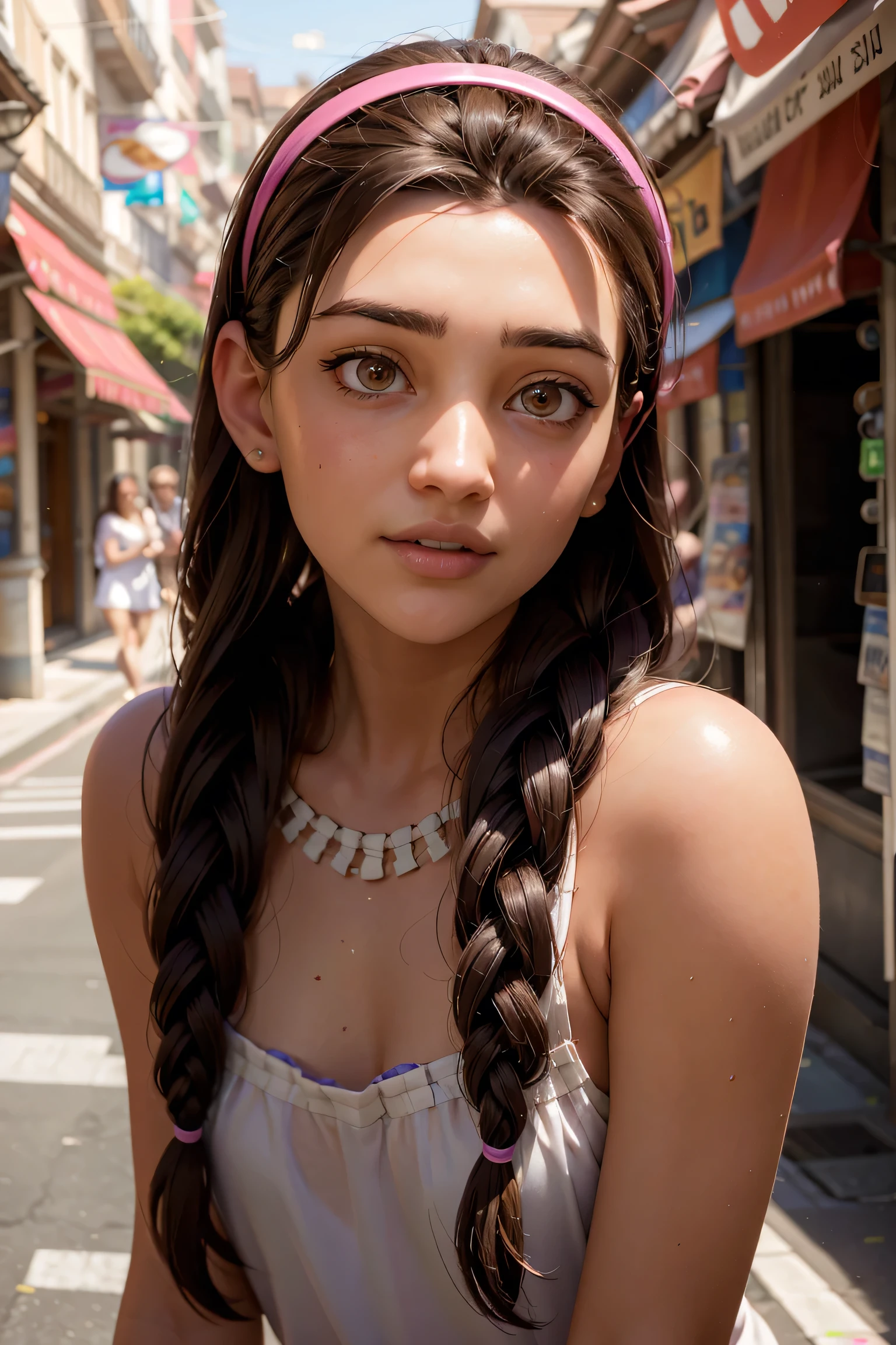 An impressive and intricate full color portrait, Ultra-HD a girl, brown hair with 2 braids, brown eyes, pink headband, detailed face, dressed in a white transparent dress, no logos, epic character composition, alessio albi, nina masic, sharp focus, natural lighting, subsurface dispersion, f2, 35mm, gentle smile.