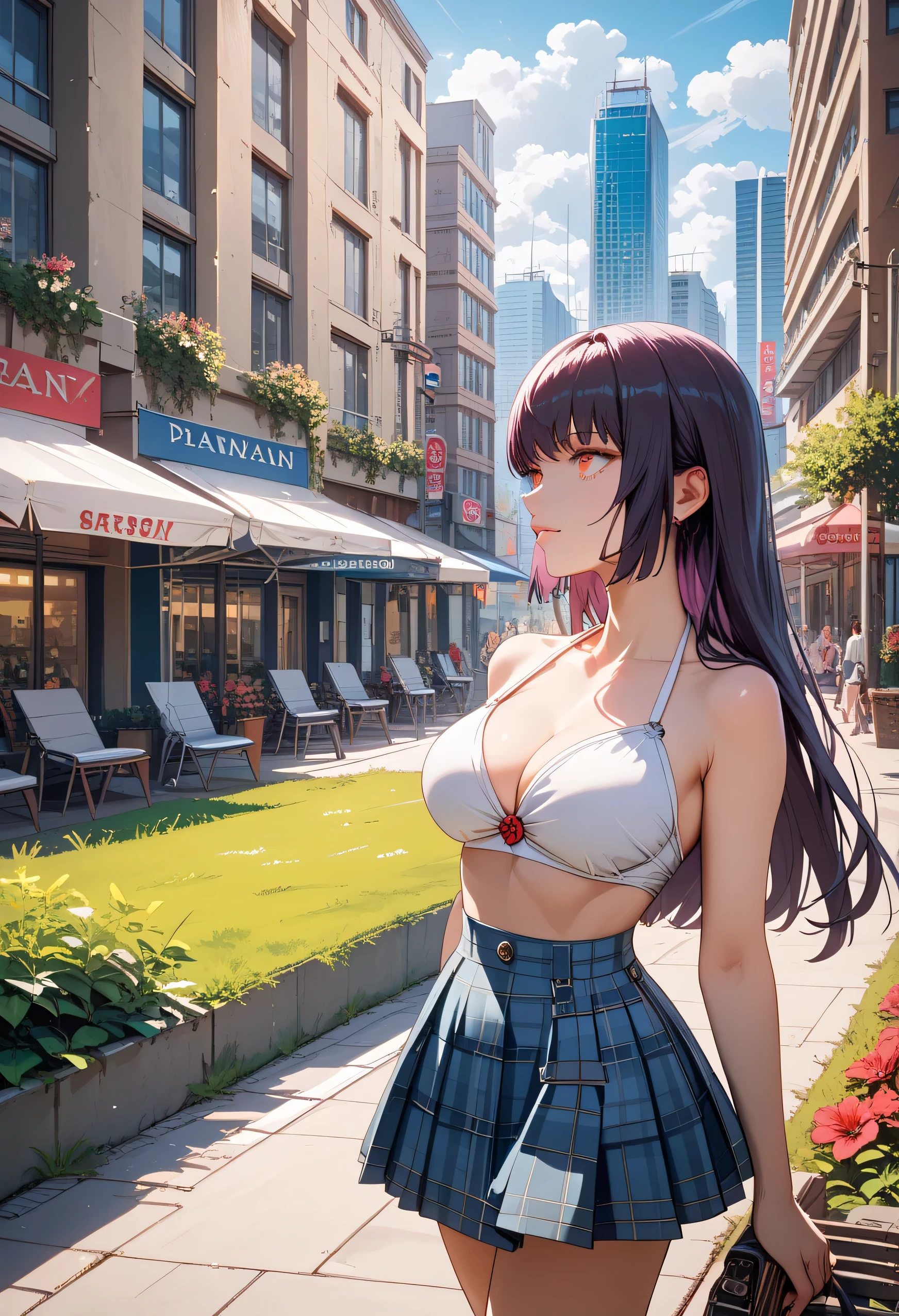 Girl, Sana Sunomiya, (Masterpiece: 1.1), (Best Quality:1.1), Bikini, (White Bikini: 1.1), (Plaid Skirt: 1.1), High Waist Skirt, Blake [Green Grass: Pink, :0.5] Themed, (Urban Background: 1.1), Denim Lenses, Blake Silver, Purple Long Hair, Red Eye, Landscape, facing sideways