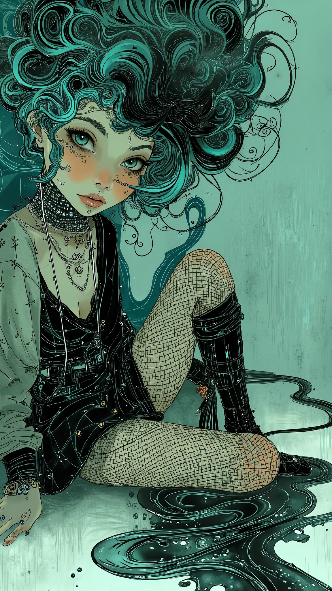 head tilted slightly downwards , black and light gray plaid miniskirt , sitting on the open floor , the miniskirt falls between her legs , black belt with silver buckle , sweatshirt with black sleeves , wears several necklaces , dog collar with spikes , aesthetic goth girl , cyan eyes, long false eyelashes , kisses and full lips , a black girl with tufts of cyan hair and net stockings , brow length bangs , her hair falls over her shoulders , spiked wives , heart tattoo on her cheek long cross-shaped earrings {x} an arm back and an arm forward between the legs covering your private part , blushing cheeks , 1 7 - **** - *** anime goth girl , 1 7 - **** - *** goth girl , goth girl , goth girl aesthetic, anime vibes, gothic aesthetics , Style Ross Tran, dressed in punk clothes, pastel gothic aesthetic , Gothic mall , Guweiz-style artwork , Looks like a mix of grimes , plain cyan background , Chiaroscuro, cinematic lighting , Fujicolor, U high definition , Retina, masterpiece, Precise, Anatomically correct , make-up, super detail , detailed pants , high quality, awarded , envelopes , highres, 1080P, high definition , 16K
