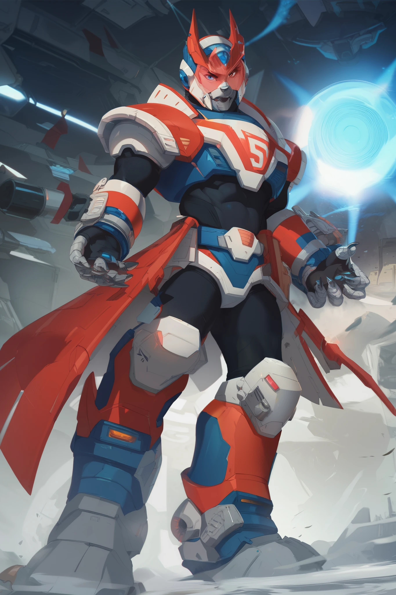 appearance:
Vega Man has armor in shades of silver and gray , with details of electric blue . His helmet is designed to look like a mix of a futuristic warrior and a mythological animal, with a slight shape reminiscent of the claws of a bird of prey . His visor is completely digital , with a bright red light that changes color depending on its combat mode . On his right arm, has an energy cannon that he uses to shoot lasers or energy projectiles .