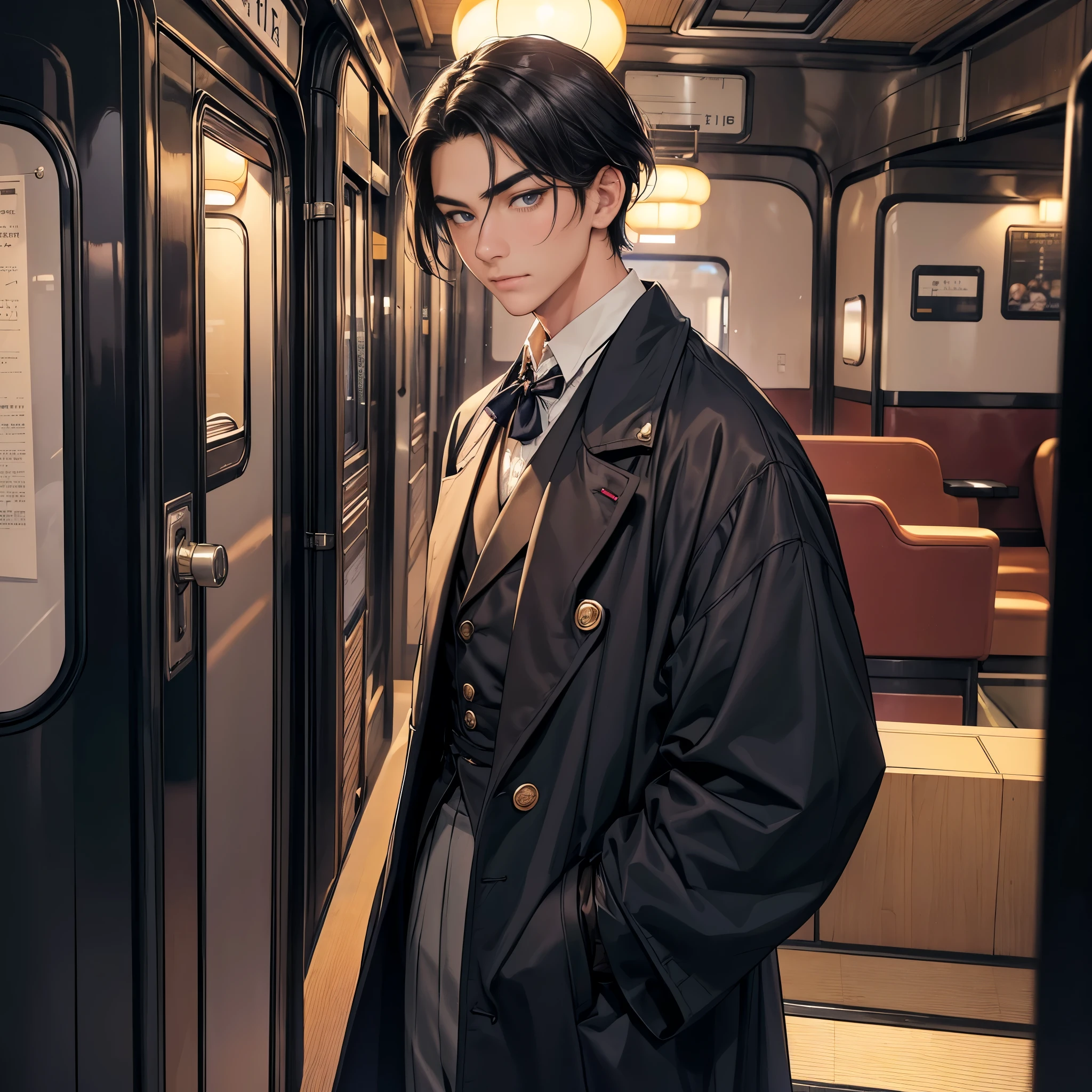 (He is a beautiful 18-year-old Japanese boy:1.5). (He wears his straight hair in a shoulder-length bob:1.3). Hair color, eyebrows, and eyes are purple. Arched, thin eyebrows. (Victorian attire:1.3). (He wears an Inverness coat:1.3). (He is about to board a first-class coach alone from Tokyo Station in the 1910s:1.4). (masterpiece), best quality, expressive eyes, perfect face