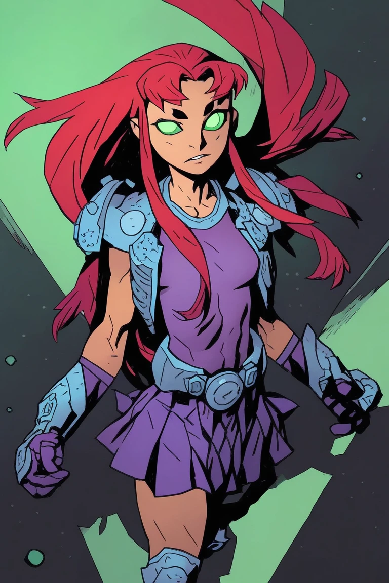 1girl, solo, starfire, toned, armor, leg armor, shoulder armor, purple shirt, purple skirt, pleated skirt, purple gloves, green eyes, glowing eyes, parted lips, space, shadow, zoom layer, 
masterpiece, best quality, alomik