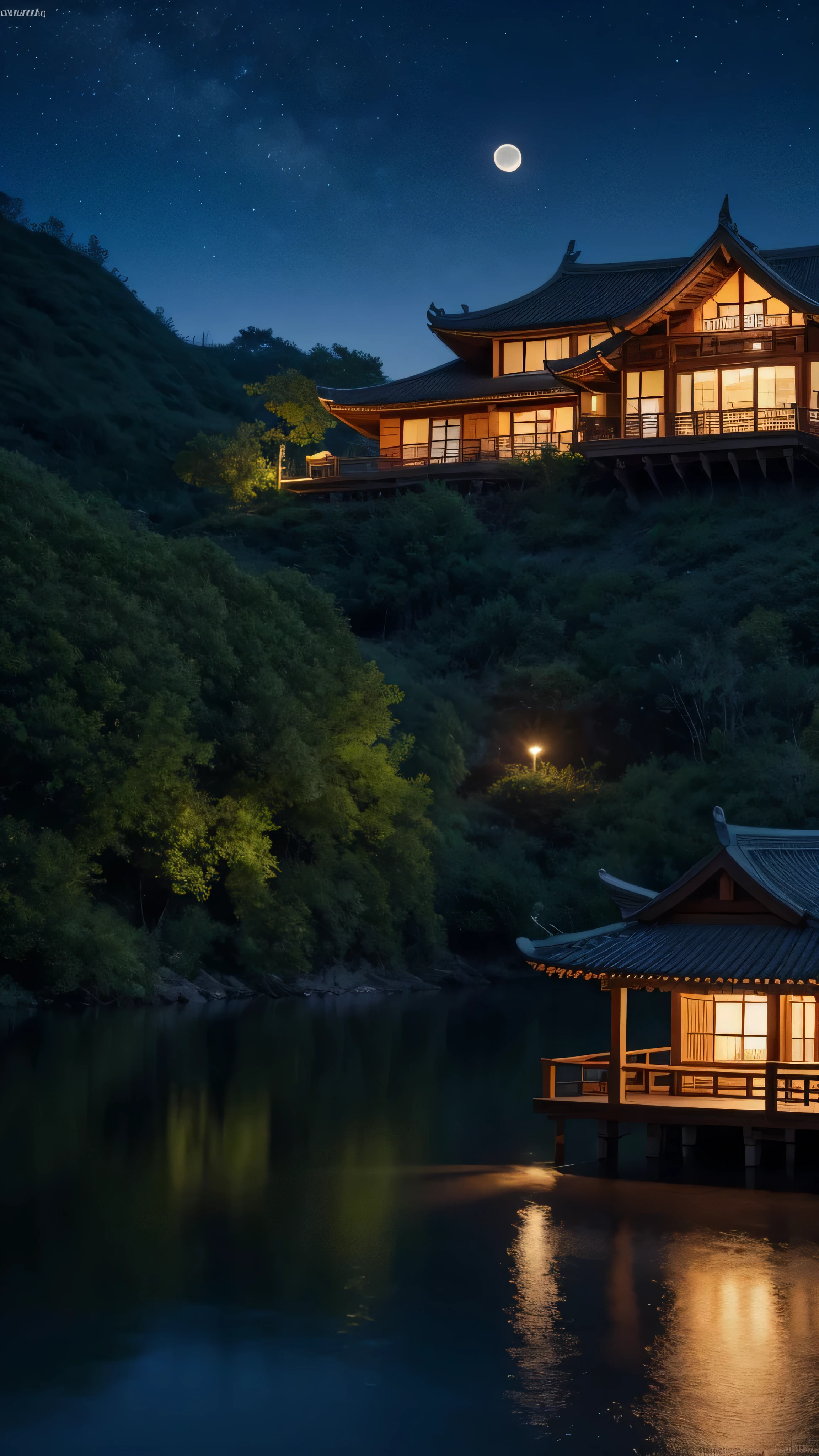 Asian Night Scene with a House 、 home , Vietnam, Vietnam, , moon, Lake in the foreground, Quiet Night, Green and Blue, digital illustration , 4K highly detailed digital art, night view, Anime Art Wallpaper 4K, Anime Art Wallpaper 4K , 4K detailed digital art , natural scenery at night , Anime art wallpaper 8K , Background artwork, BEAUTIFUL 4K ART , 4k HD illustration wallpaper