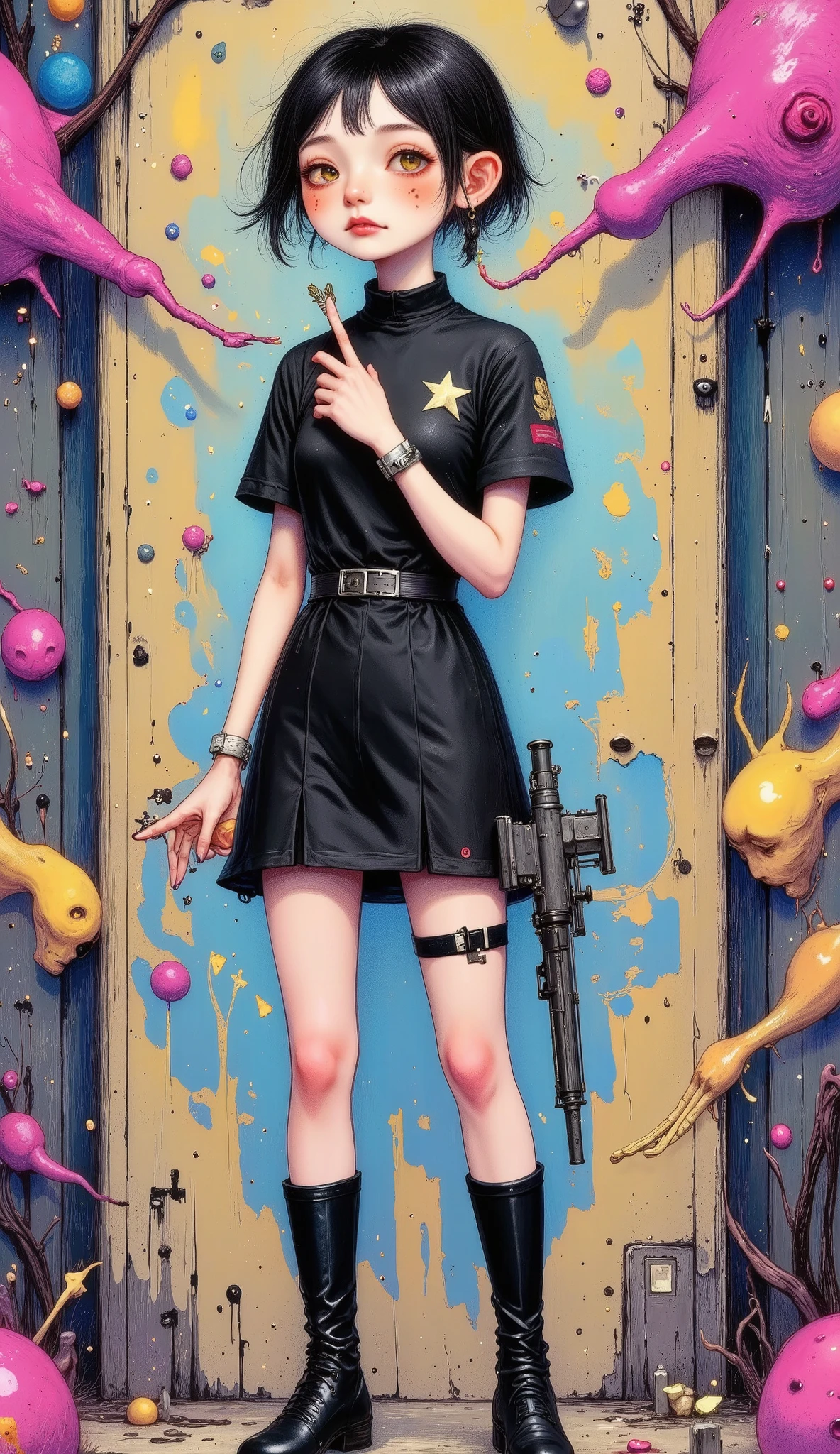 Motion illustration , Japanese illustration style , Flexible and very pleasant body , depth of field , brilliant students , Multicolored eyes , Anatomically correct , Very pretty lady, chest belt , Ultra High Definition, shortening, She has a long gun in her hand, glowing eyes, down, simple braid , The cloak the lady wears waves , Focus on the long gun , SERIOUS EXPRESSION, 1 girl, Officer with a lot of energy , Precise, Modern, Pintura de acción, thinking, Degraded hair, Zinc-colored boots , , High resolution, Steampunk background Detailed hand , dynamic composition , Full length portrait or statue , determined, expressive hair, terrifying theme , Alone , pensive